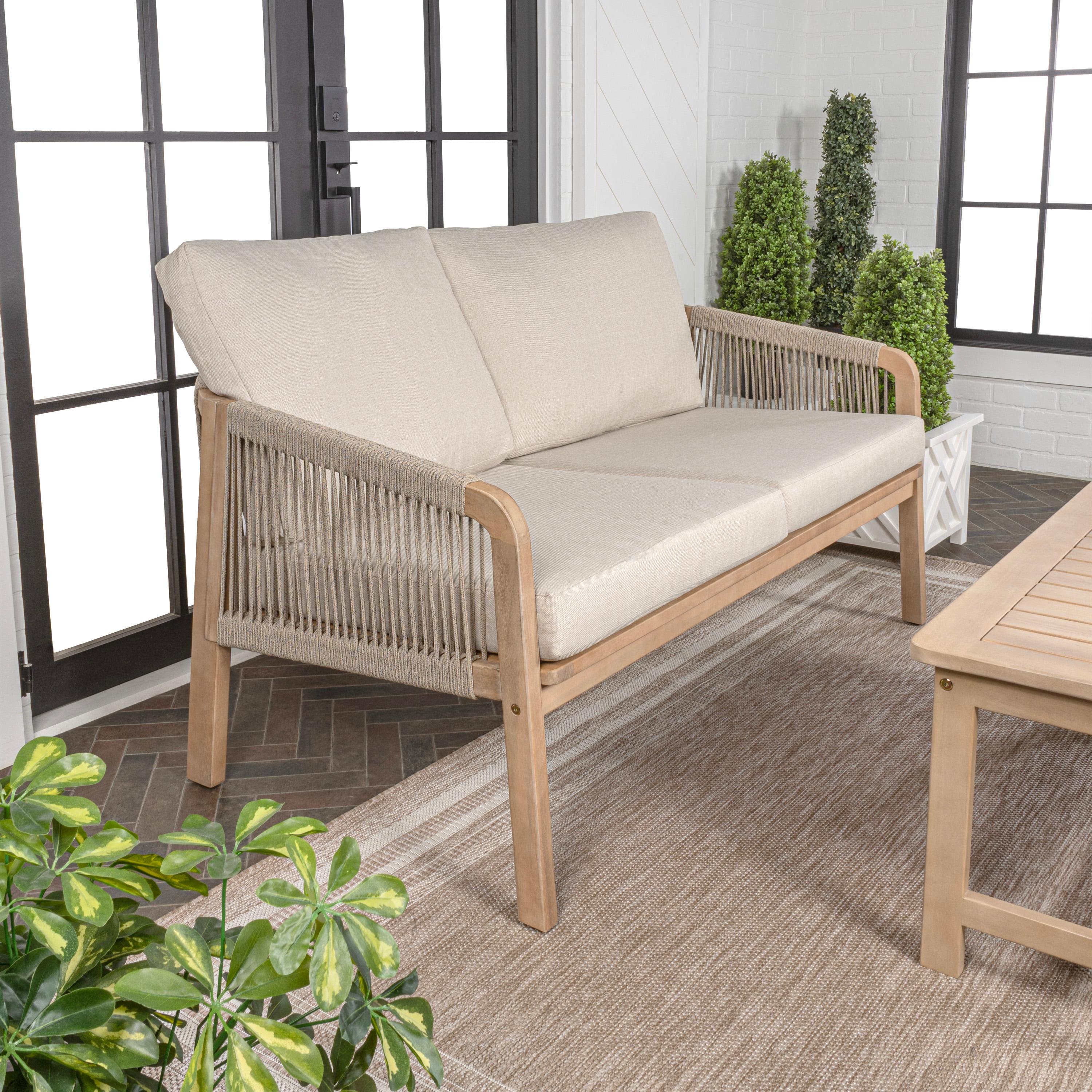 Arwen Modern Bohemian Roped Acacia Wood Outdoor Loveseat with Cushions, Beige/Light Teak - JONATHAN Y