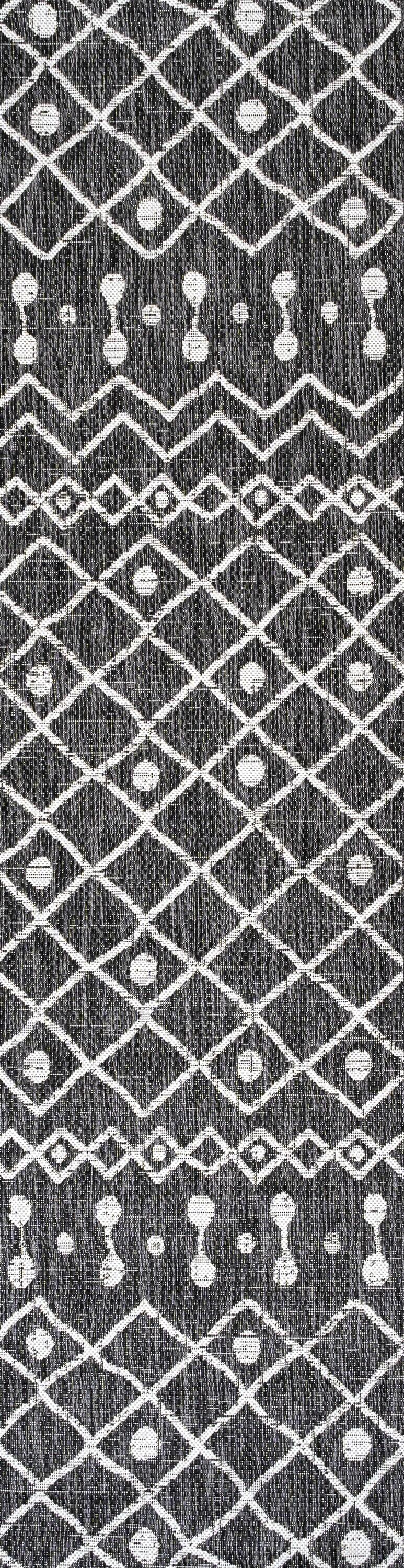 2'x10' Nokat Modern Bohemian Styled Indoor/Outdoor Runner Rug, Black/Ivory - JONATHAN Y
