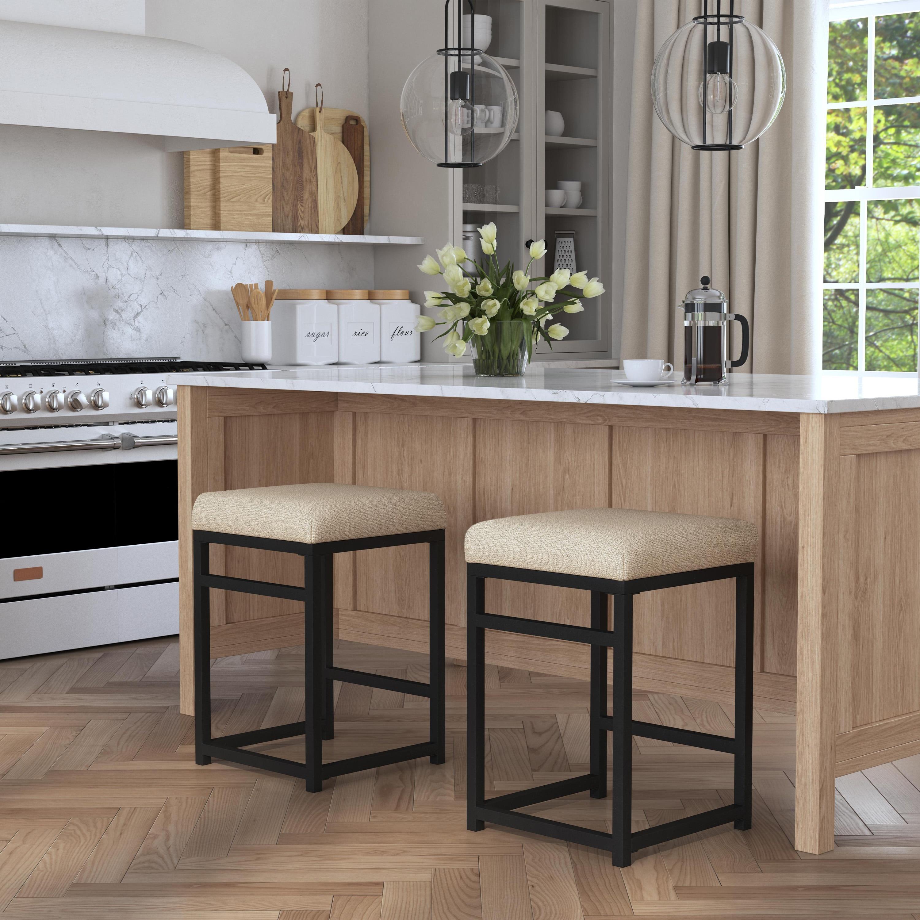 24" Open Back Metal Counter Height Barstool Light Tan - HomePop: Upholstered Rectangle Seat, Industrial Style