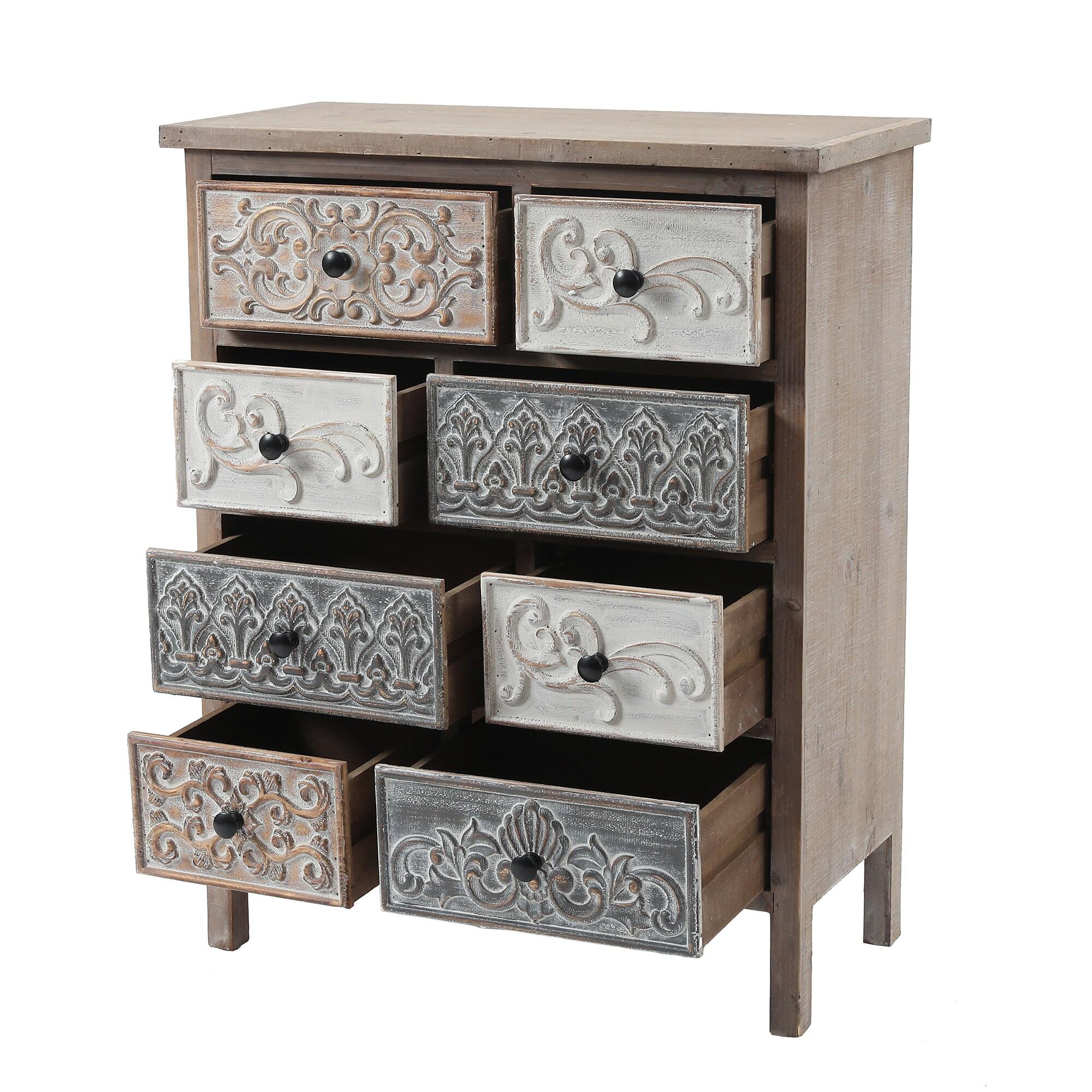 LuxenHome 8-Drawer 32.25" H x 25.75" W Rustic Carved Wood Accent Chest. Brown