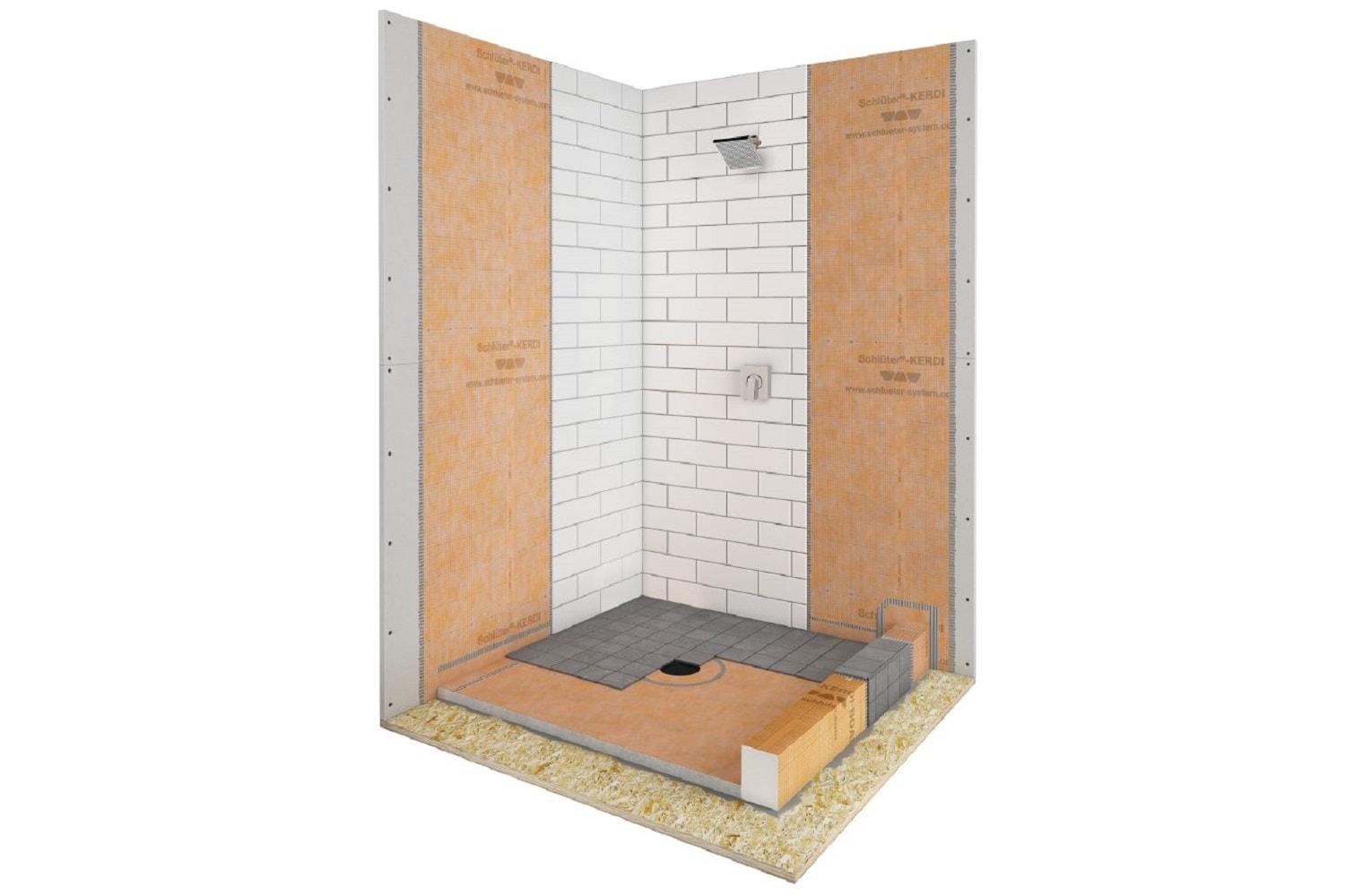 Schluter Kerdi Shower Kit with Shower Tray, Curb, Waterproofing Membrane, Strips, and Seals - Waterproofing System for Showers - PVC Plastic, Center Outlet Position, 48" x 48" Tray Size - KSK1220PVCE