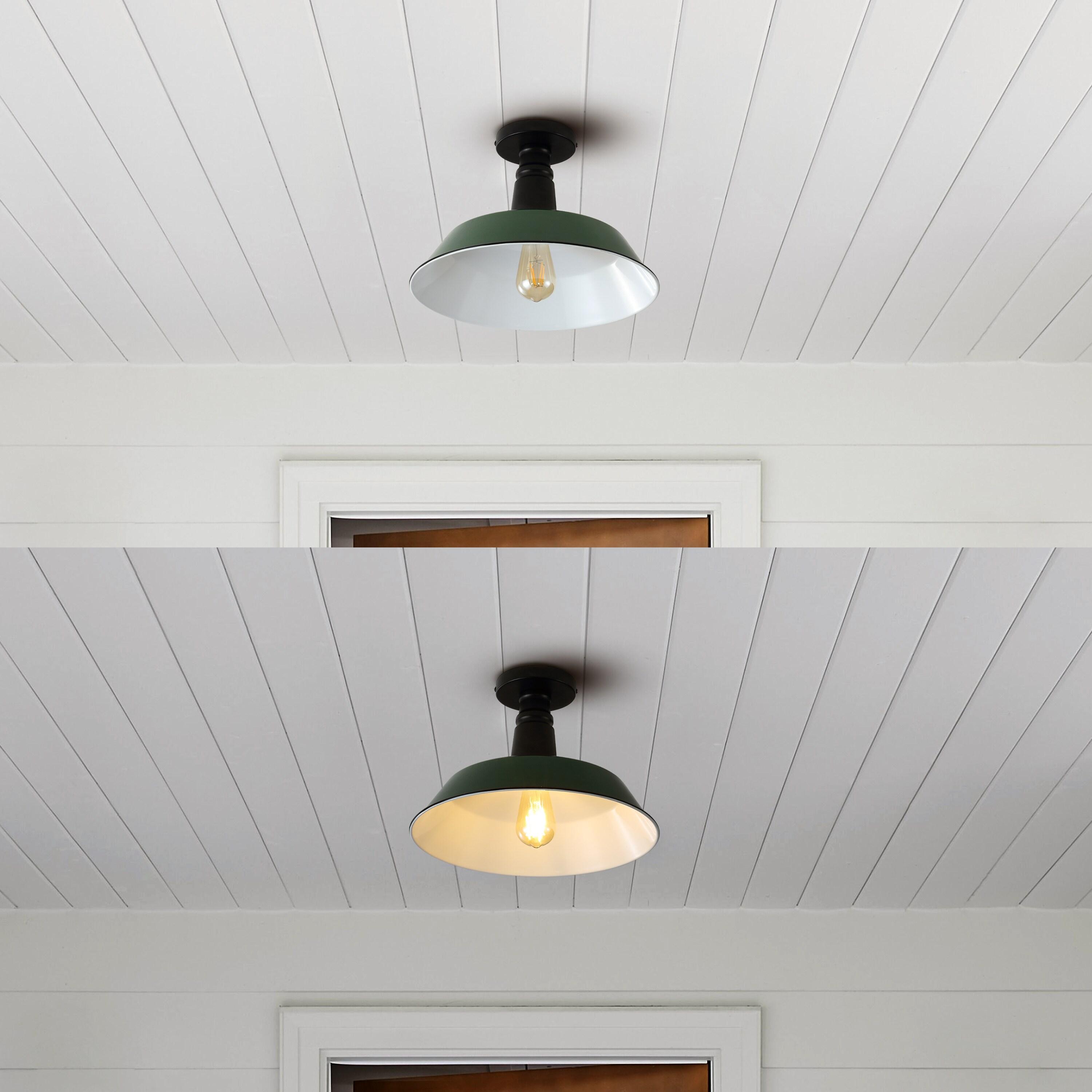 JONATHAN Y Camila 14" 1-Light Classic Industrial Indoor/Outdoor Iron LED Semi Flush Mount, Green/White, JYL7617F