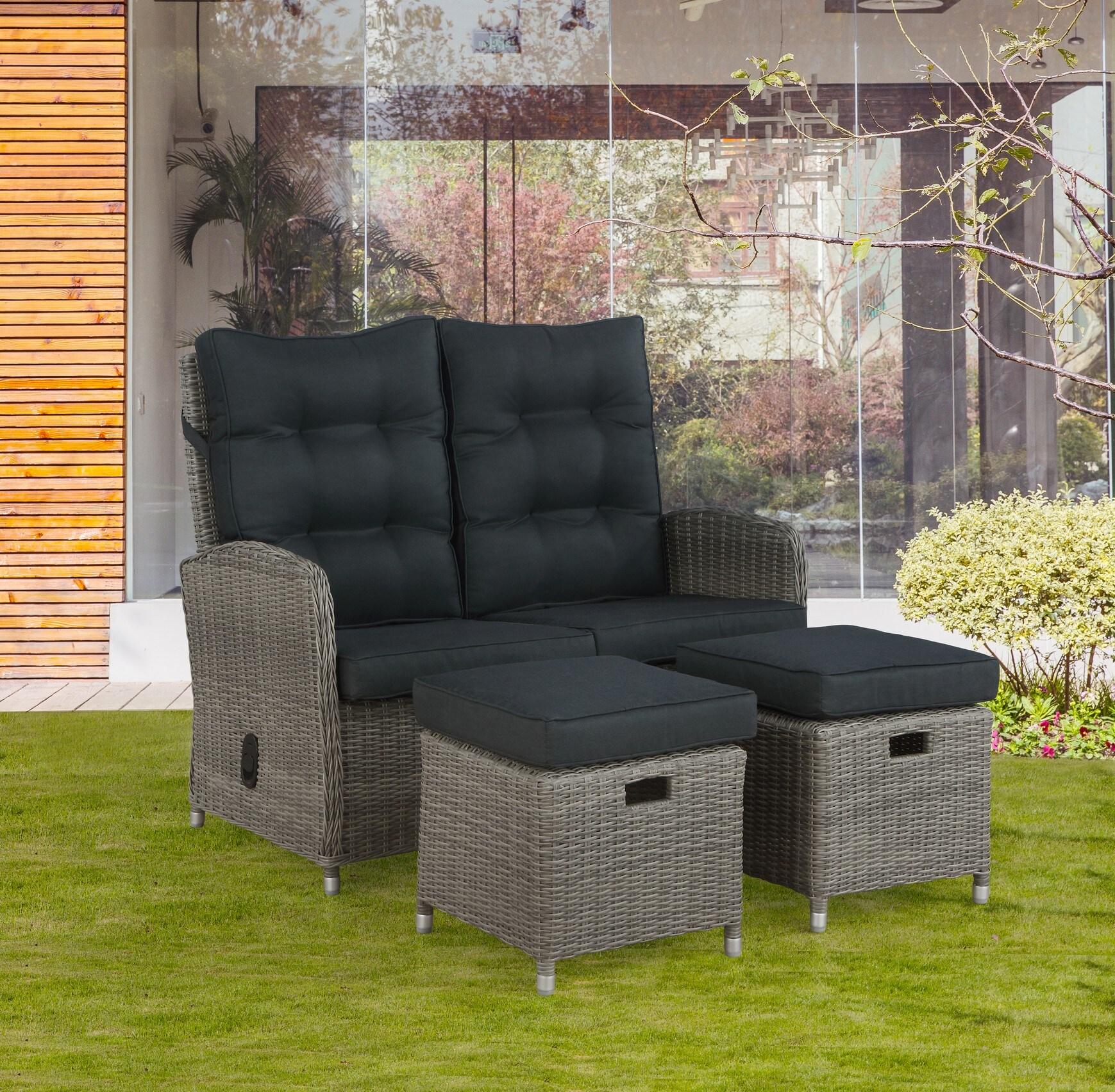 Monaco 3pc Set with 2 Seat Reclining Bench & 2 Ottomans - Gray - Alaterre Furniture: All-Weather Wicker, Aluminum Frame