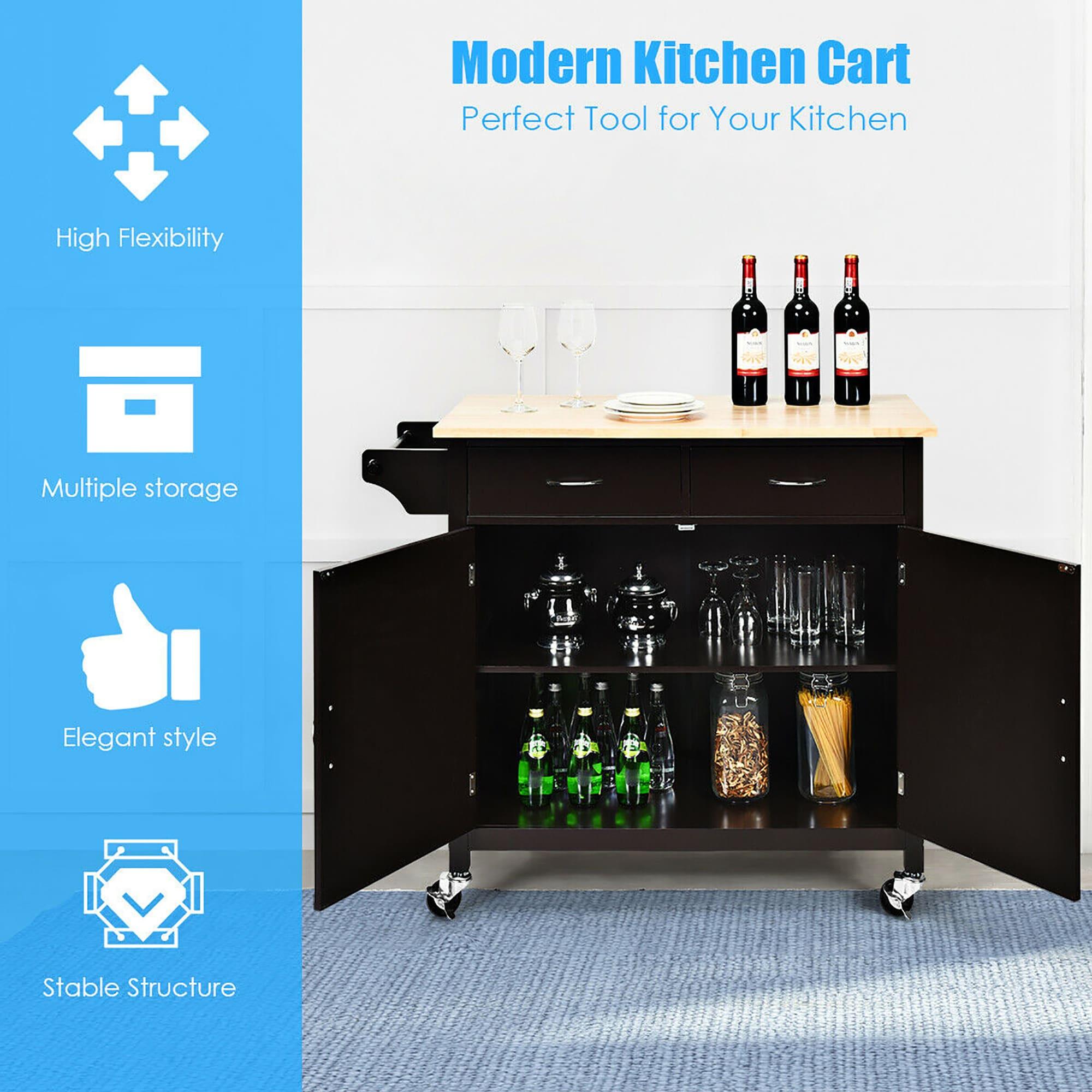 Costway Modern Rolling Kitchen Island Cart Wood Top Storage Trolley with Storage Drawers