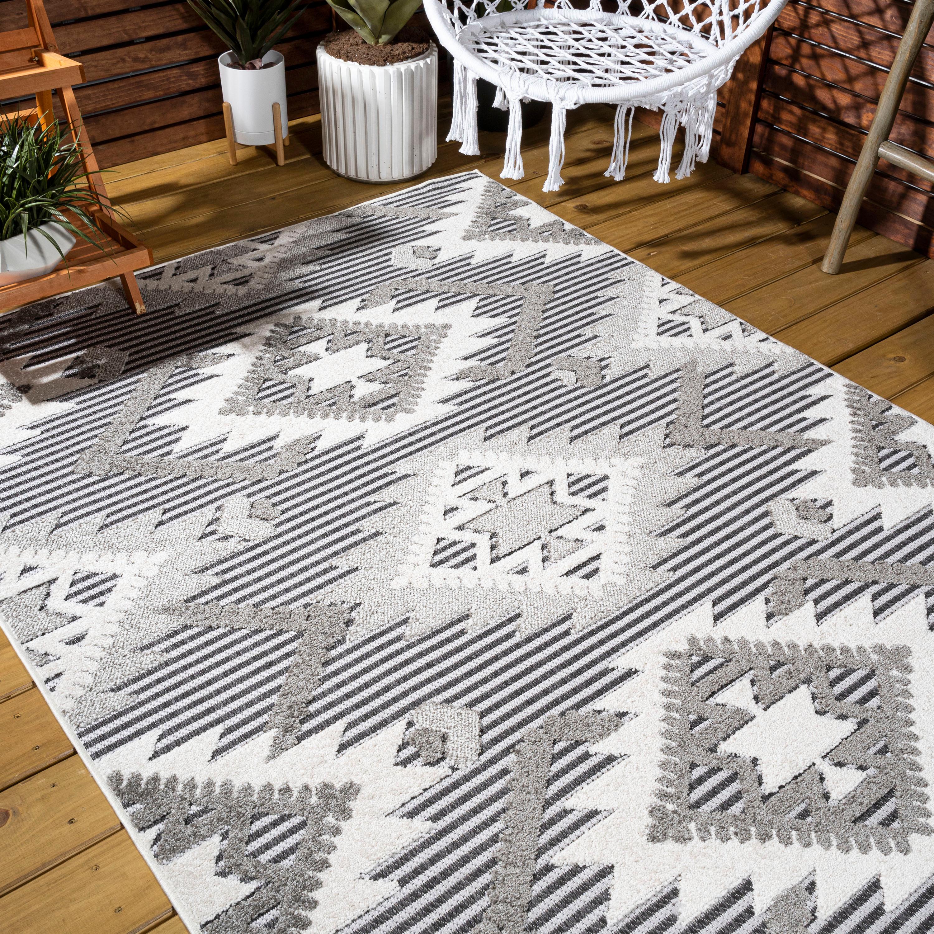 8'x10' Sumak High-Low Pile Neutral Diamond Kilim Indoor/Outdoor Area Rug, Gray/White/Black - JONATHAN Y
