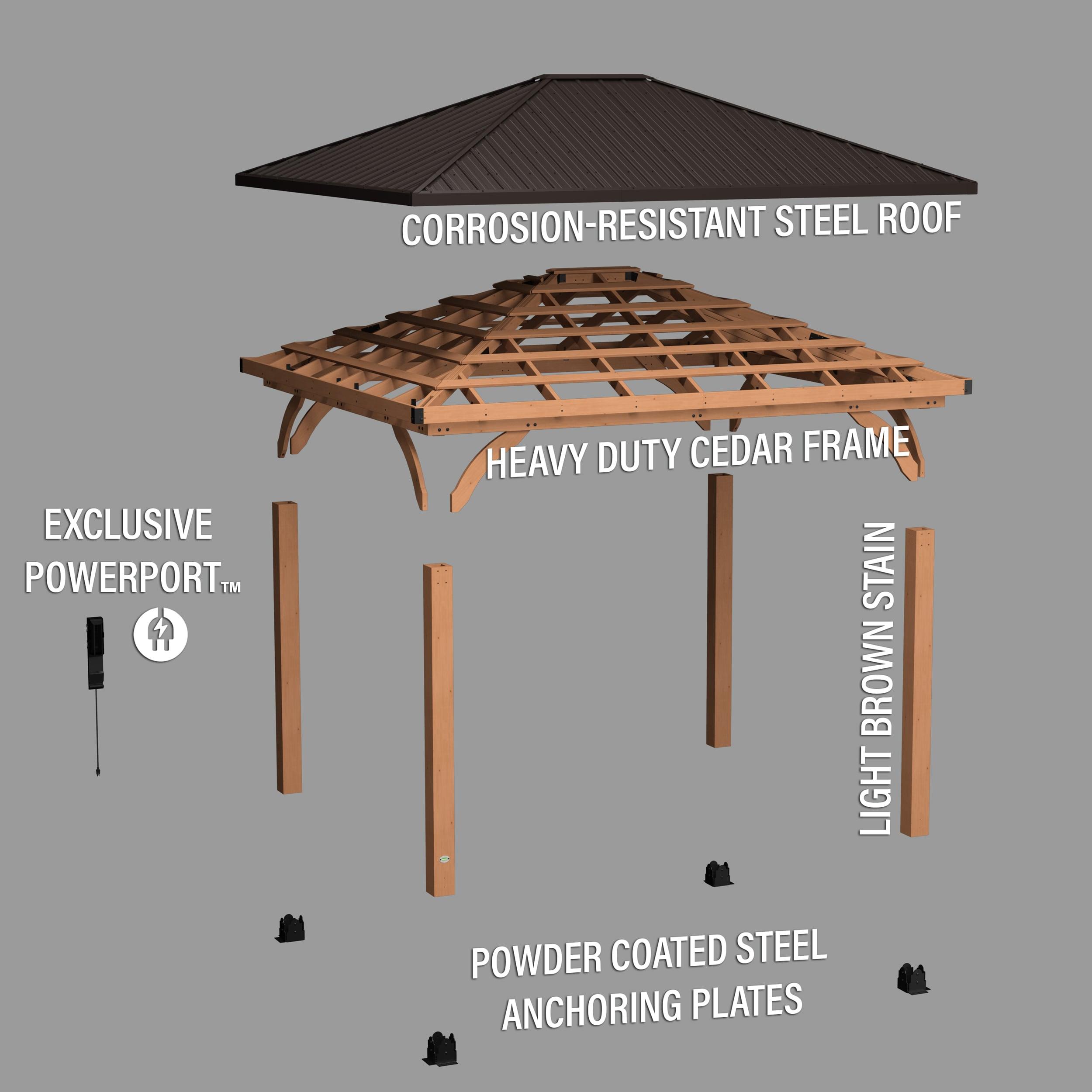 Backyard Discovery Barrington 14' x 12' Cedar Wood Gazebo, Galvanized Steel Roof, PowerPort