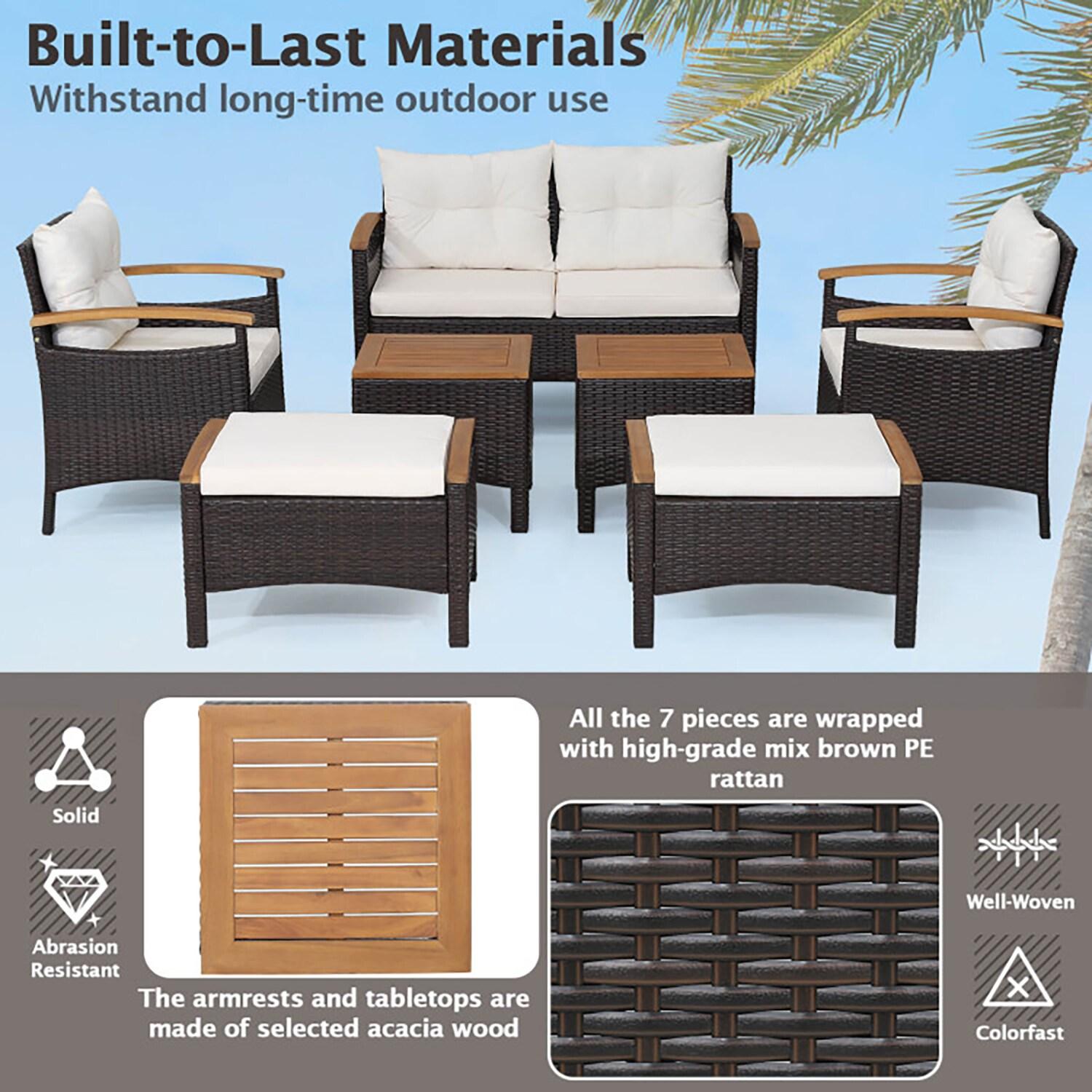 7-Piece Mix Brown Rattan Patio Sofa Set with Off-White Cushions and Acacia Wood