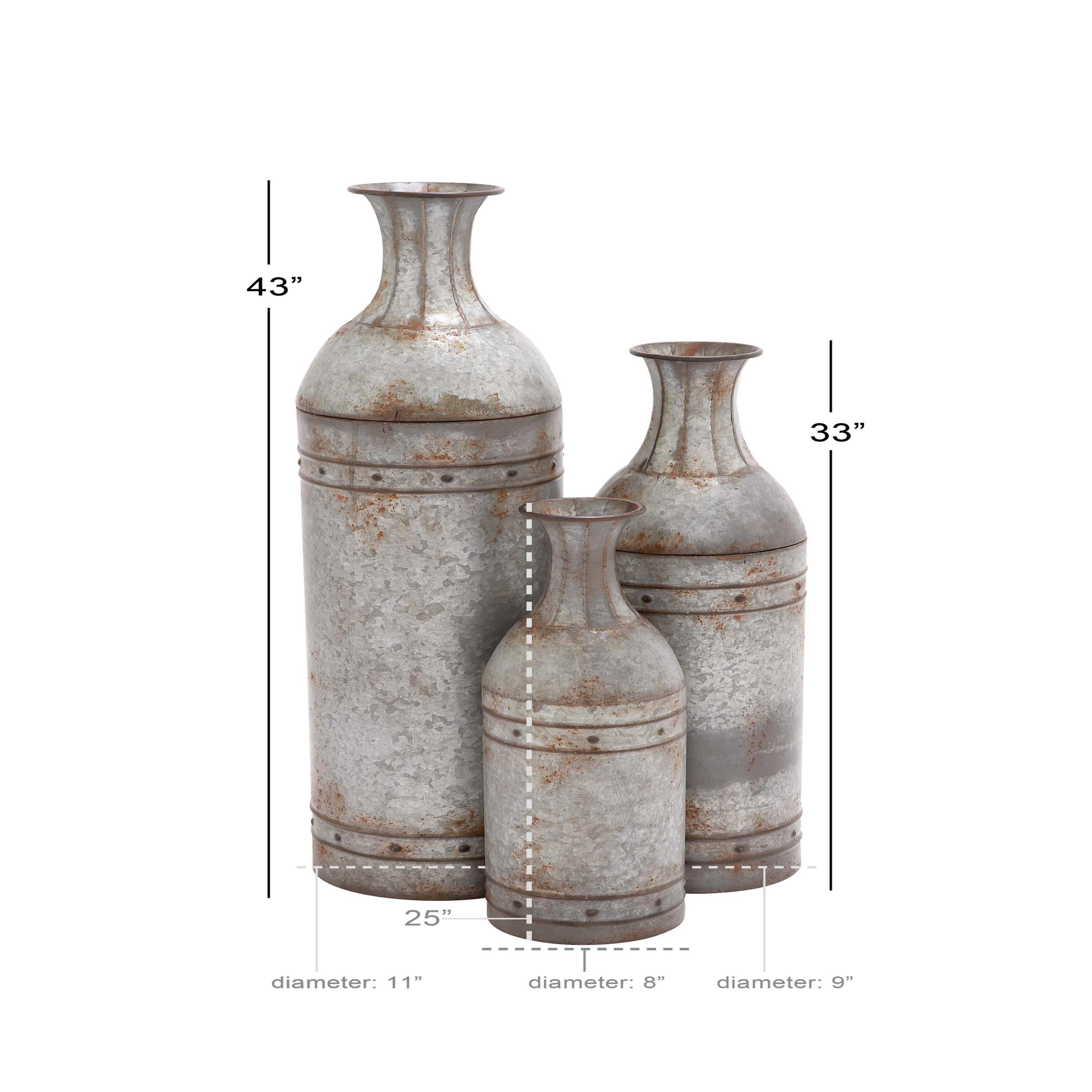 DecMode Farmhouse Cylinder Shape Extra Large Silver Distressed Metal Floor Vases, Set of 3, 43", 33", 25"H