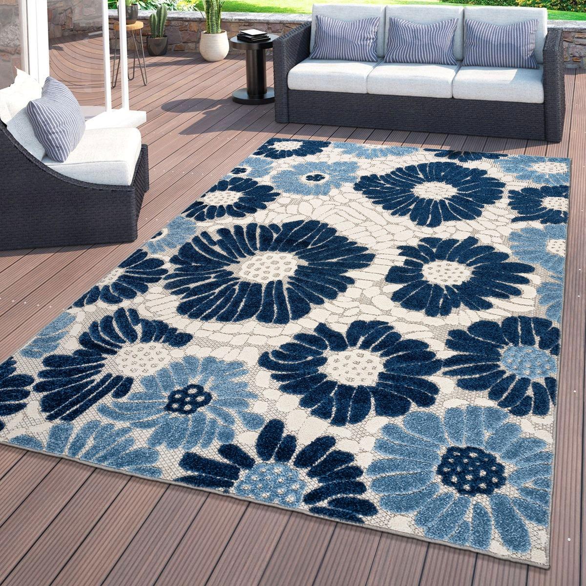 World Rug Gallery Palermo Modern Floral Indoor/Outdoor Area Rug - Navy 5' x 7':  Weather-Resistant,  Low Pile,  Botanical Pattern