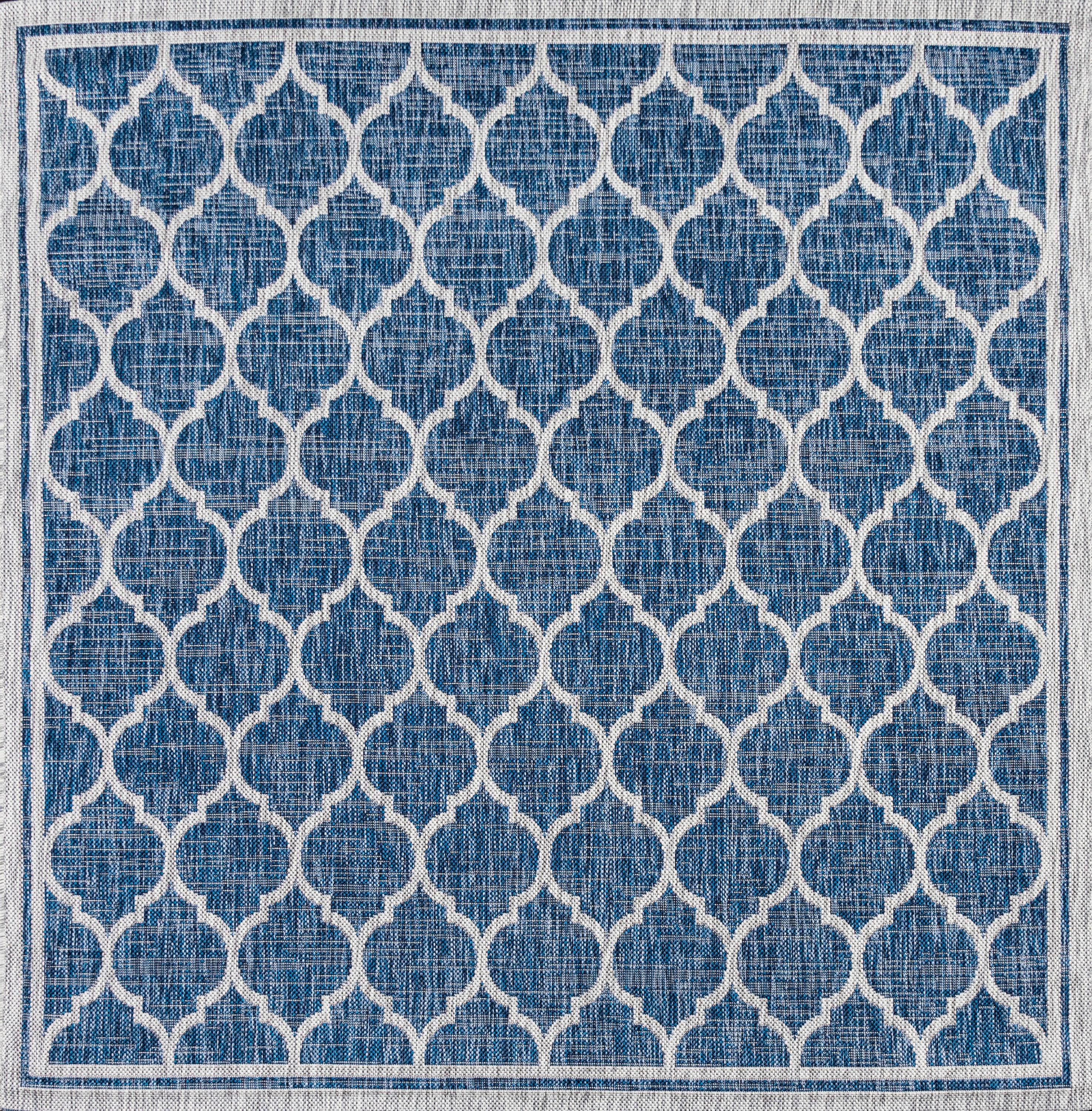 5' Square Trebol Moroccan Trellis Textured Weave Indoor/Outdoor Area Rug, Navy/Gray - JONATHAN Y
