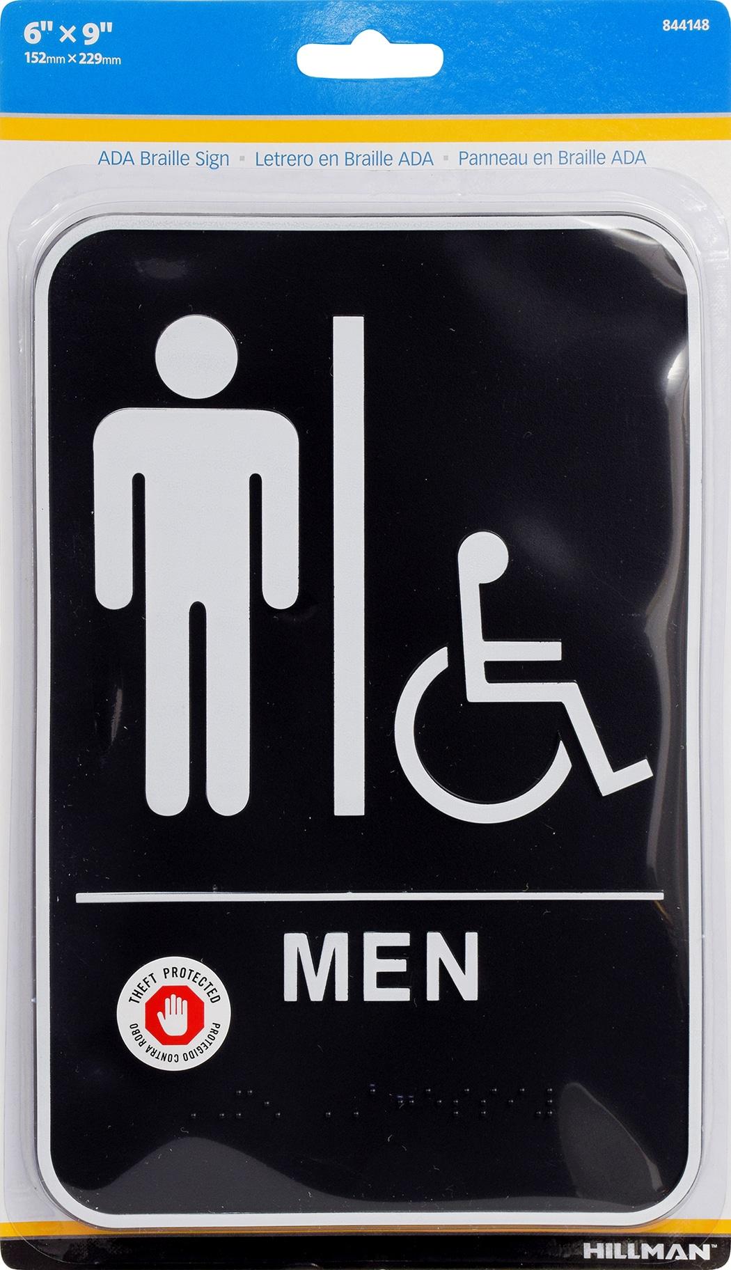 Black and White Men's Handicapped Restroom Sign with Braille, 6" x 9"