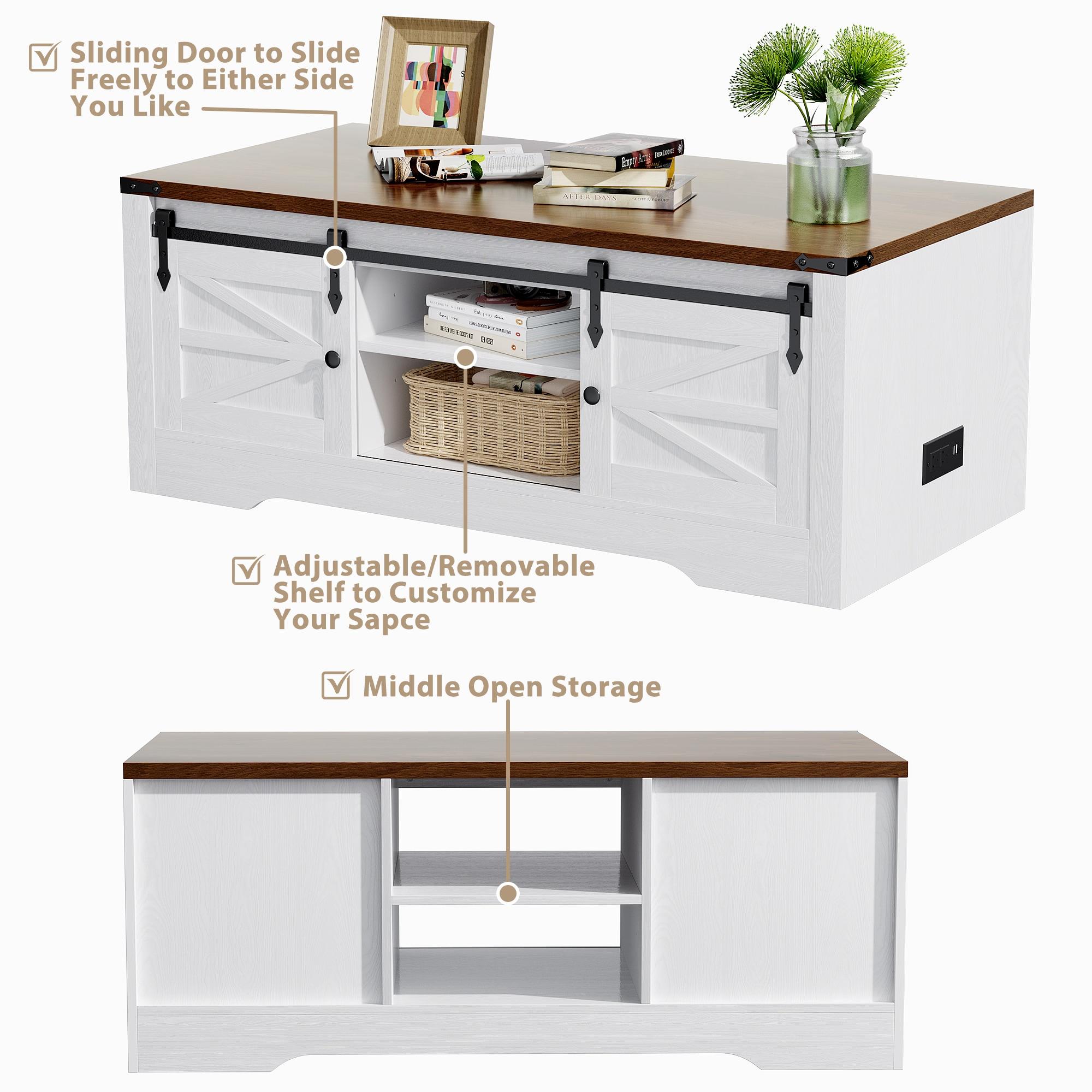 OKD 48" Farmhouse Lift Top Coffee Table with Sliding Barn Door & Adjustable Shelf, Antique White