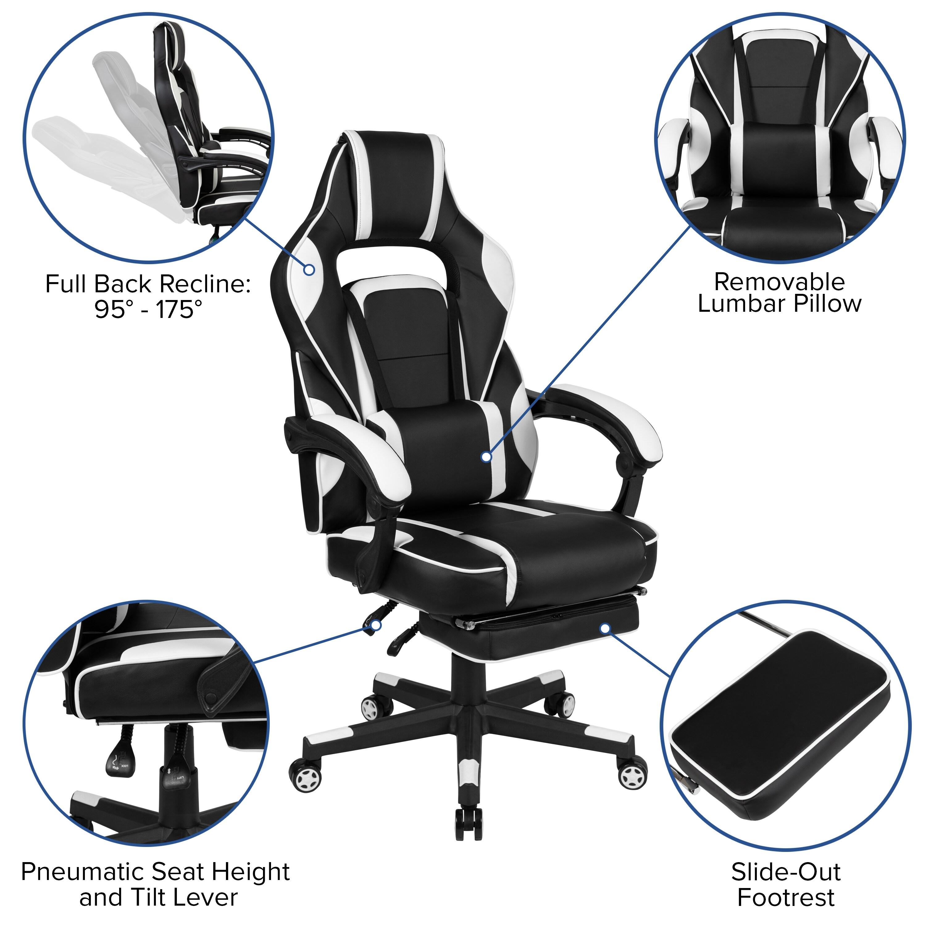 Flash Furniture X40 Gaming Chair Racing Ergonomic Computer Chair with Fully Reclining Back/Arms, Slide-Out Footrest, Massaging Lumbar - White