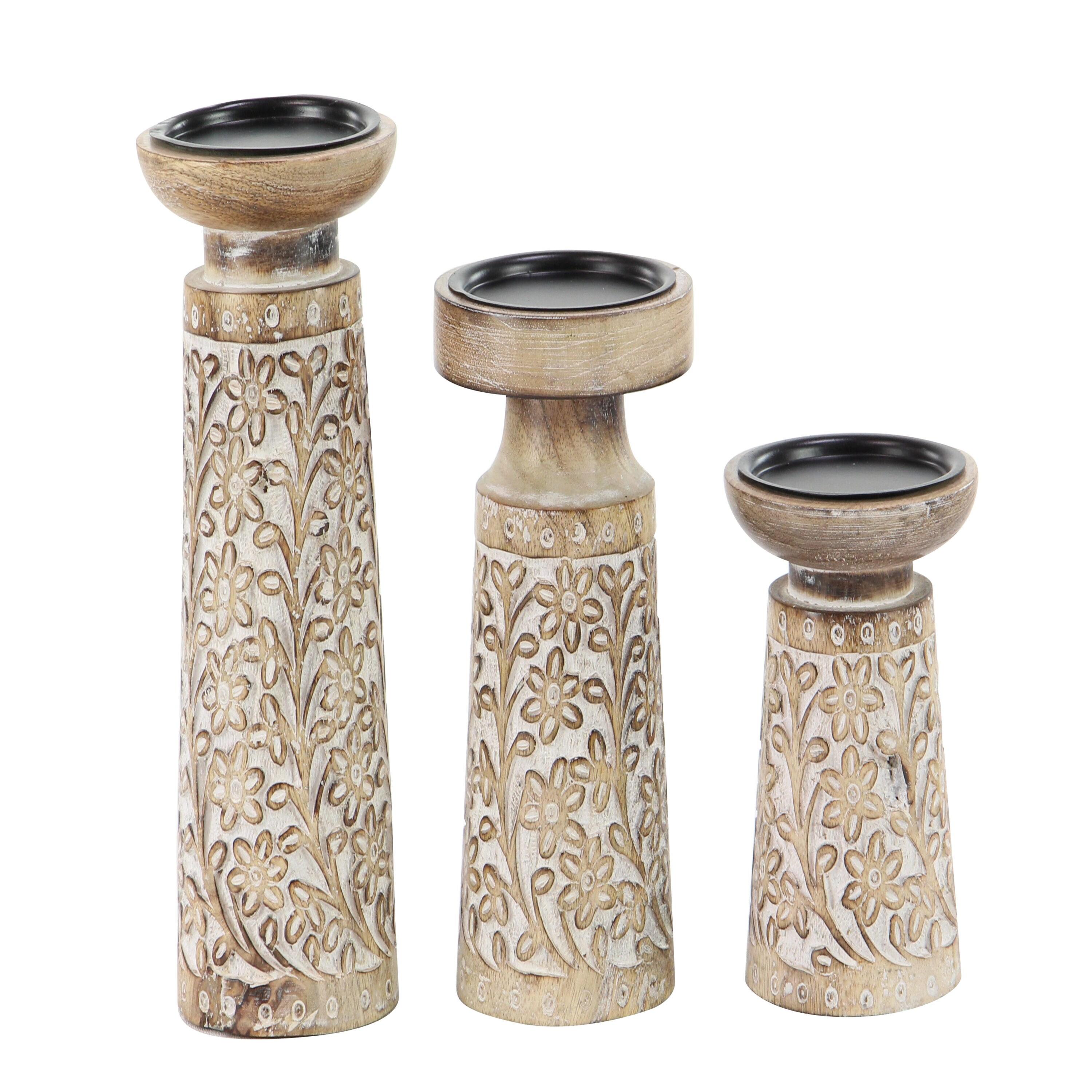 DecMode 3 Candle Brown Mango Wood Handmade Floral Carved Pillar Candle Holder with Cream Accents, Set of 3