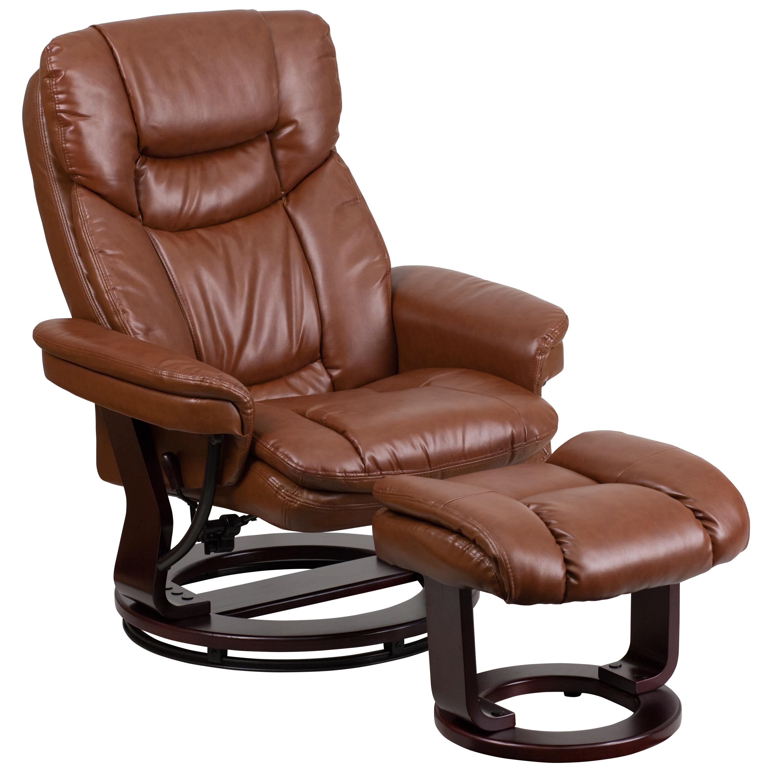 Flash Furniture Contemporary Multi-Position Recliner and Curved Ottoman with Swivel Mahogany Wood Base in Brown Vintage LeatherSoft