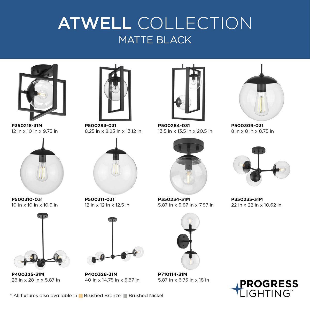 Progress Lighting Atwell 2-Light Pendant, Matte Black, Clear Globe Shades