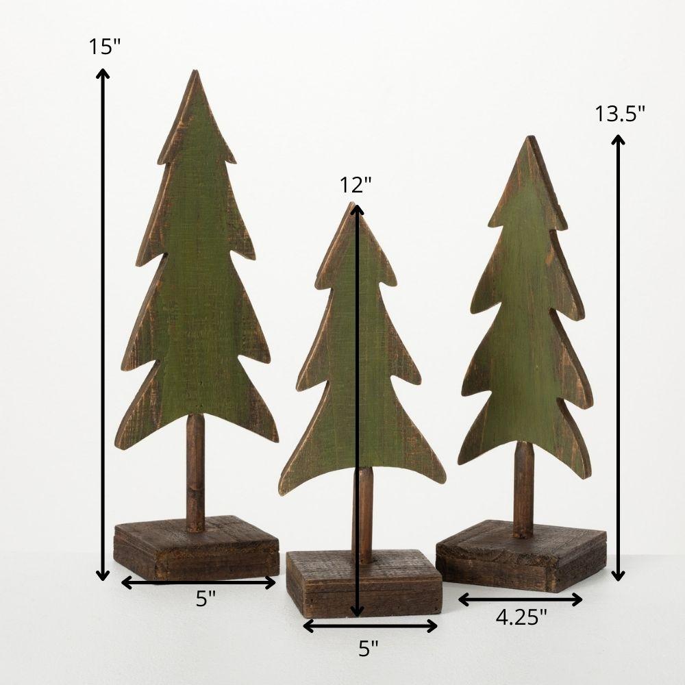 Set of 3 Green and Brown Wooden Evergreen Tree Figurines