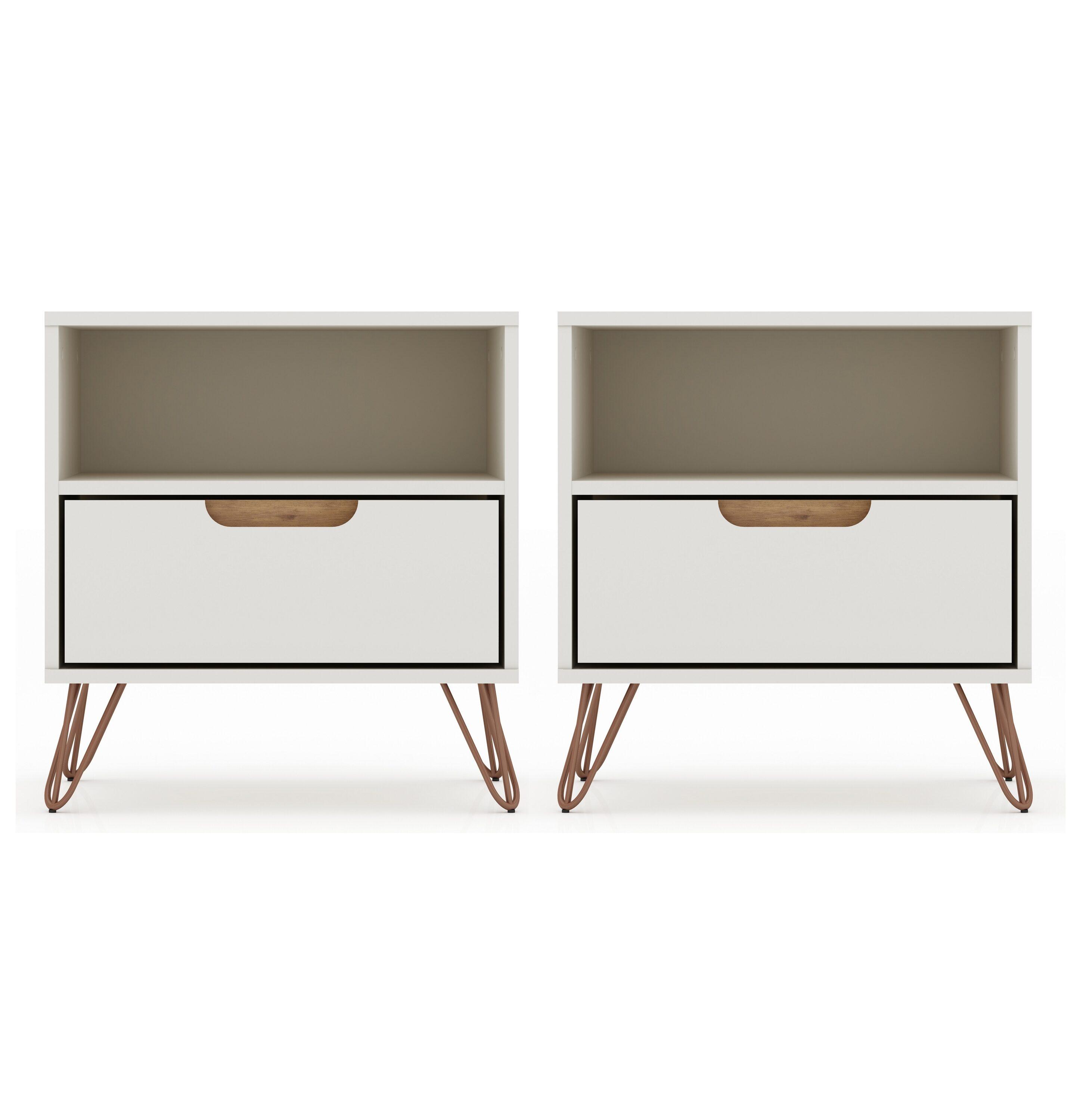 Set of 2 Rockefeller 1 Drawer Nightstands Off White/Nature - Manhattan Comfort