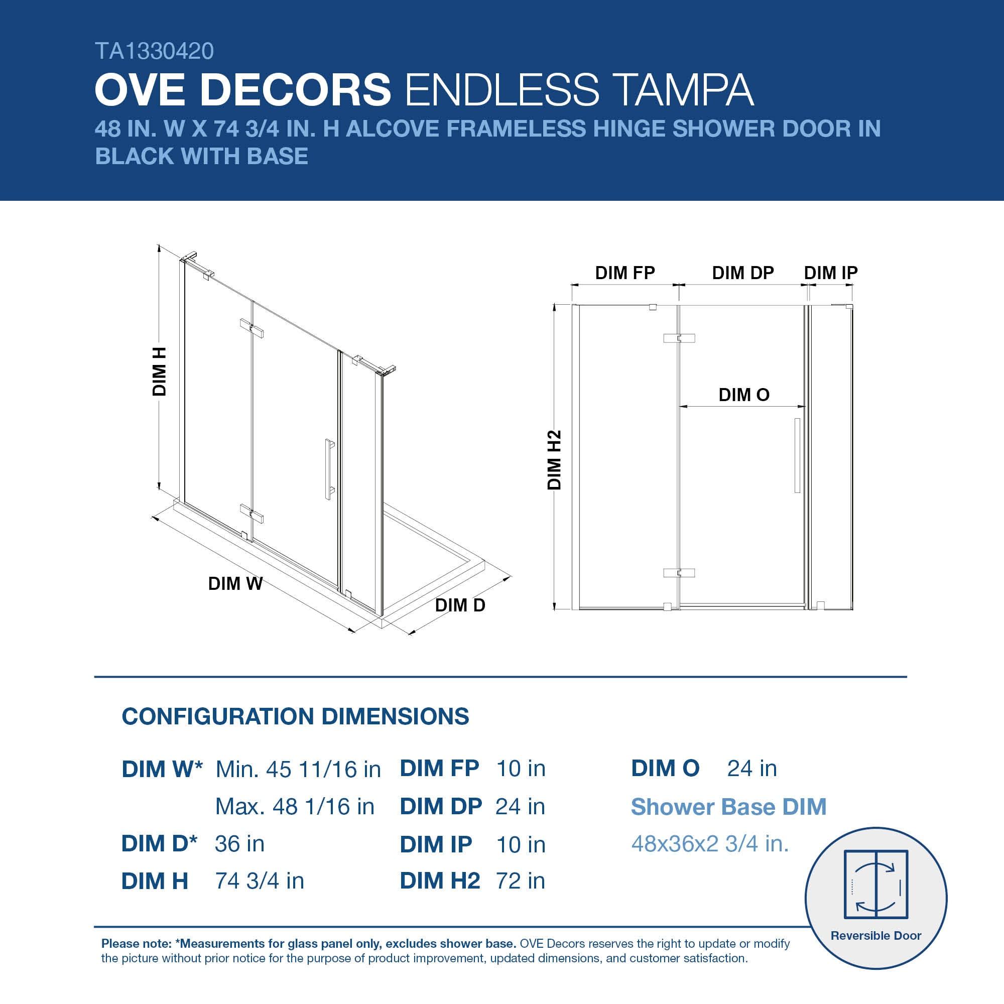 Ove Decors Endless Tampa 47" W x 72" H Alcove Frameless Shower Kit, Door, 2 Panel, Base TA1330420