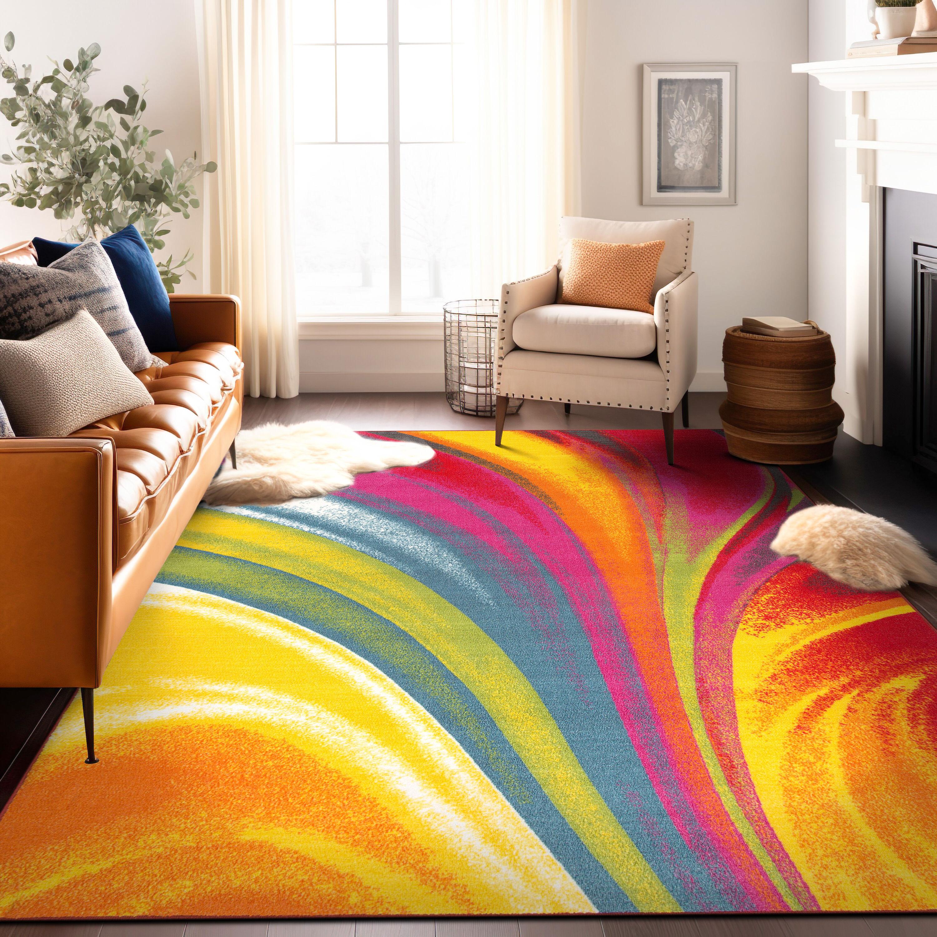 World Rug Gallery Modern Contemporary Waves Multicolored Non-slip (Non-skid) Area Rug - Multi 5'3" x 7'3"