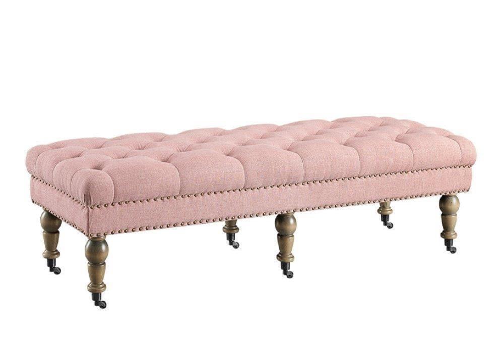 62" Isabelle Traditional Linen Tufted Upholstered Nailhead Wheeled Bench Pink - Linon: Elegant Ottoman, Bedroom Furniture