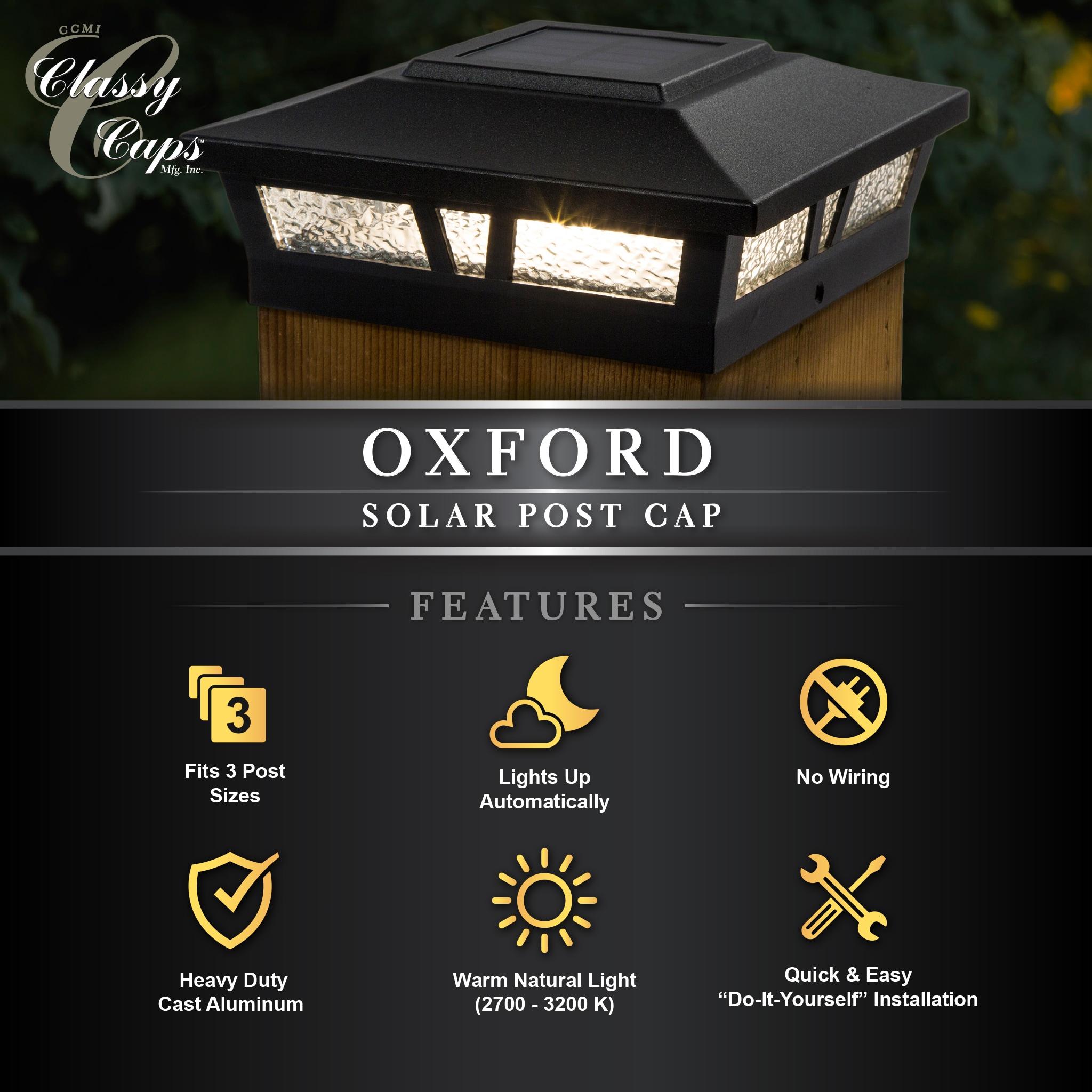 Classy Caps Oxford Solar Powered Integrated LED Aluminium Fence Post Cap Light 6 in. x 6 in. with Base Adapter Included