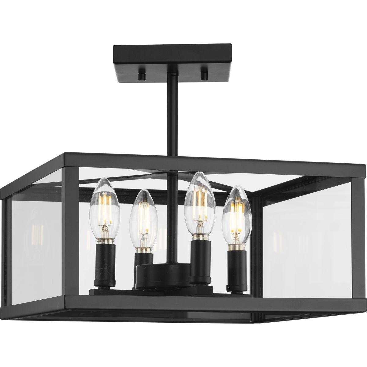 Progress Lighting Hillcrest 4-Light Semi-Flush Mount in Matte Black with Clear Beveled Glass Panels