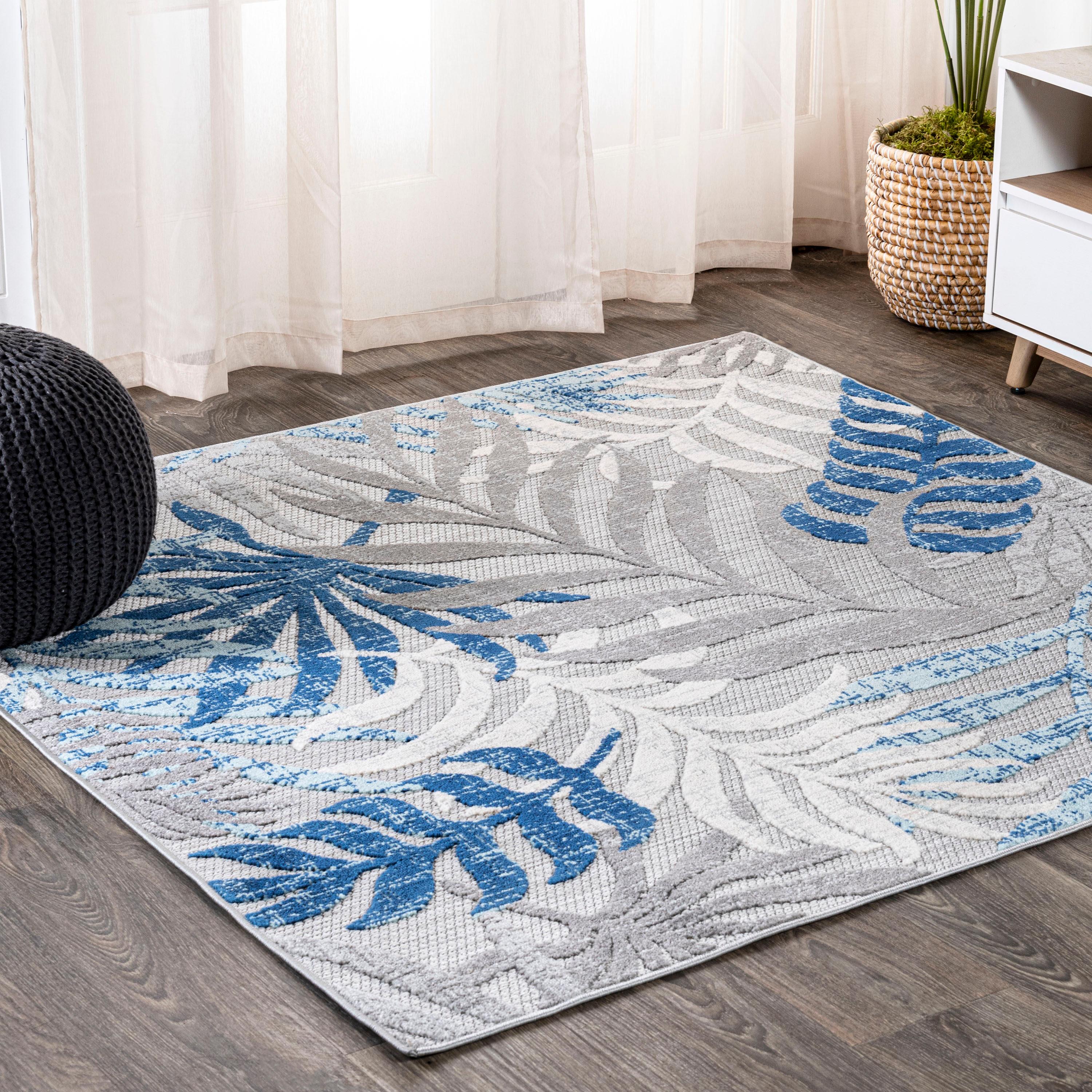 5' Square Tropics Palm Leaves Indoor/Outdoor Area Rug, Gray/Blue - JONATHAN Y