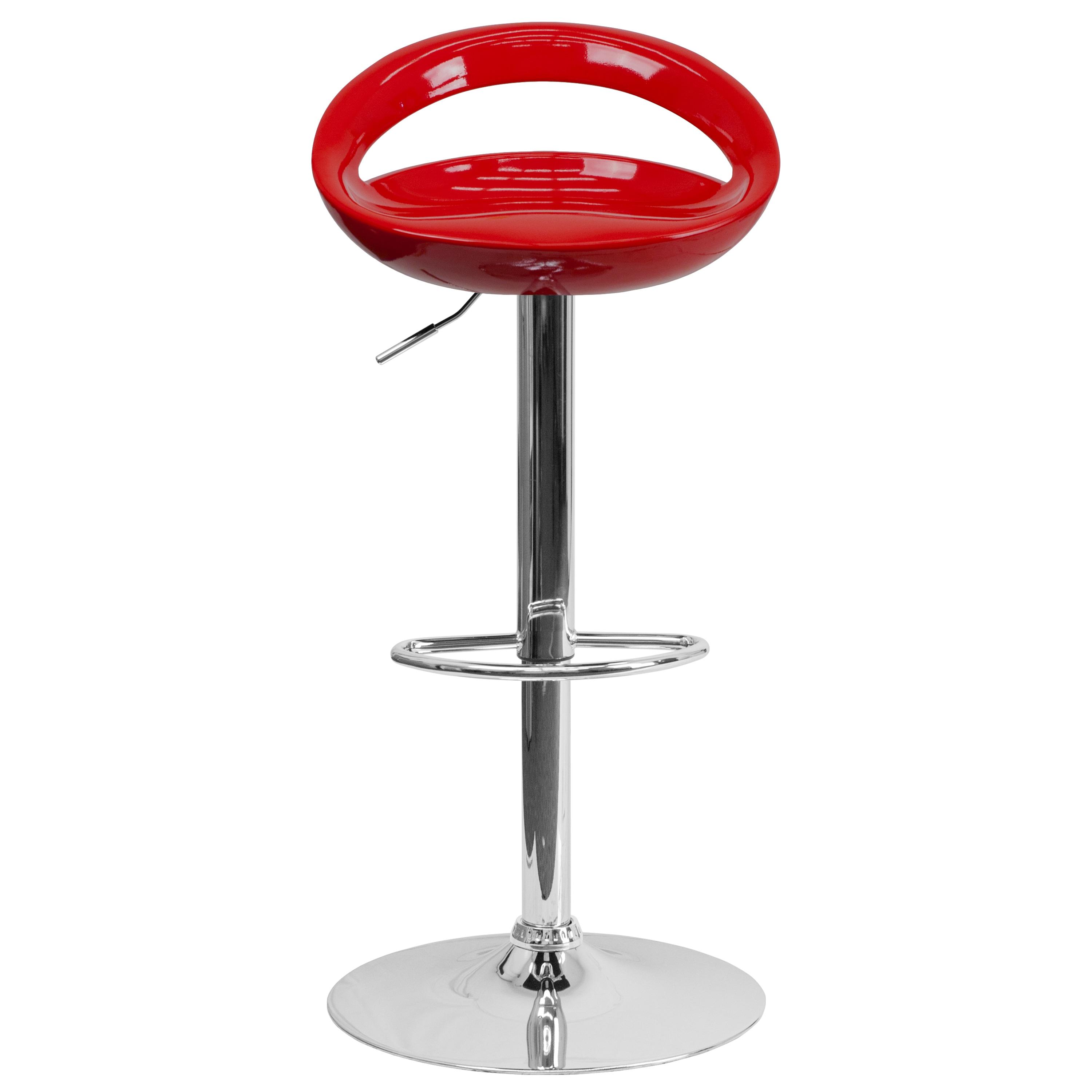 Flash Furniture Contemporary Red Plastic Adjustable Height Barstool with Rounded Cutout Back and Chrome Base