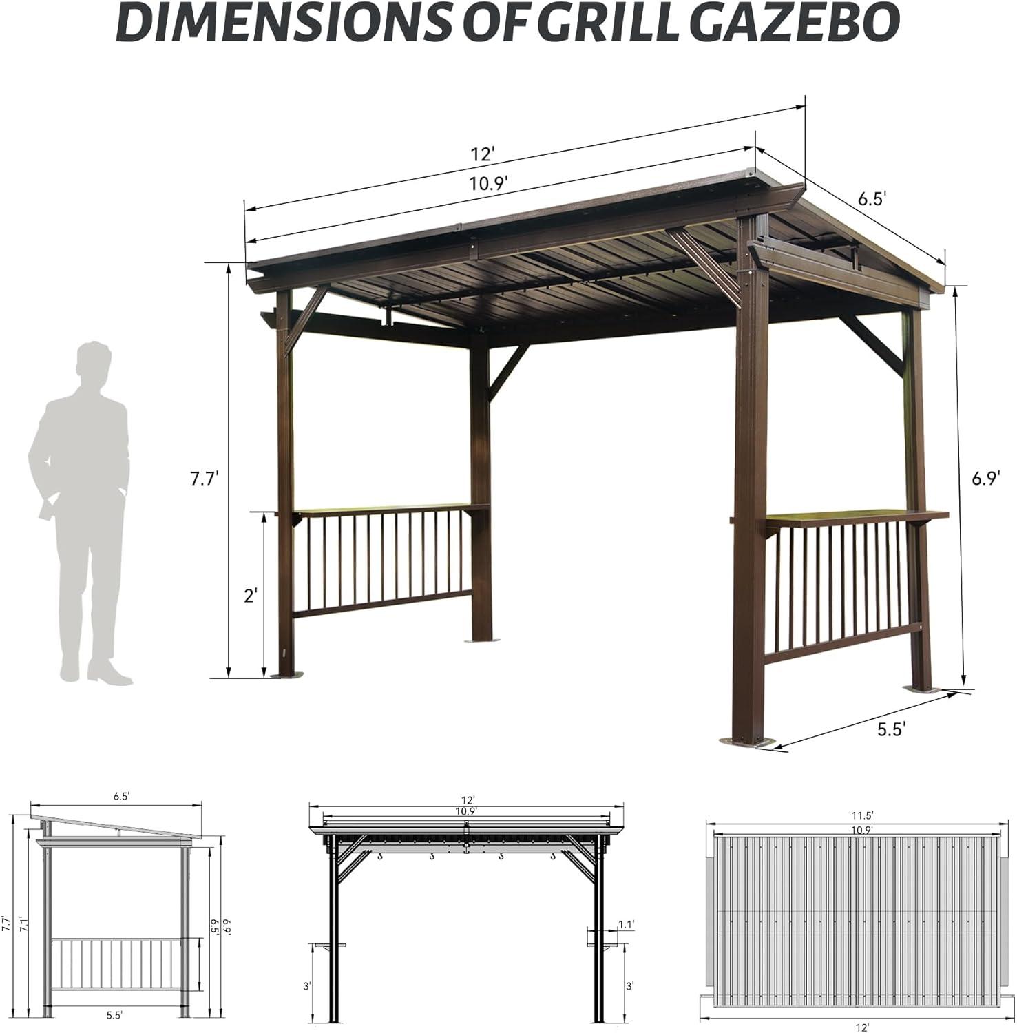 TOTAL 6.5x12FT Hardtop Grill Gazebo, Outdoor BBQ Shelter with 2 Side Shelves, Sloping Steel Roof, Permanent Sun Shade & Ceiling Hooks for Patio, Deck, Yard, Garden (Brown)