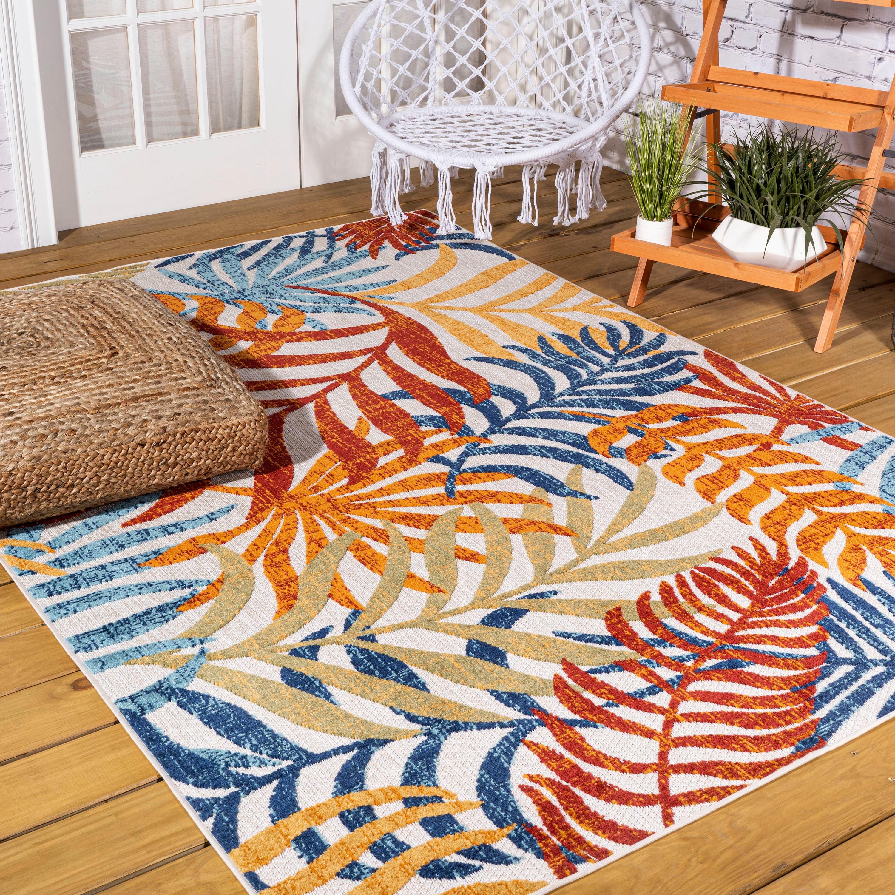 9'x 12' Tropics Palm Leaves Indoor/Outdoor Area Rug, Cream/Orange - JONATHAN Y