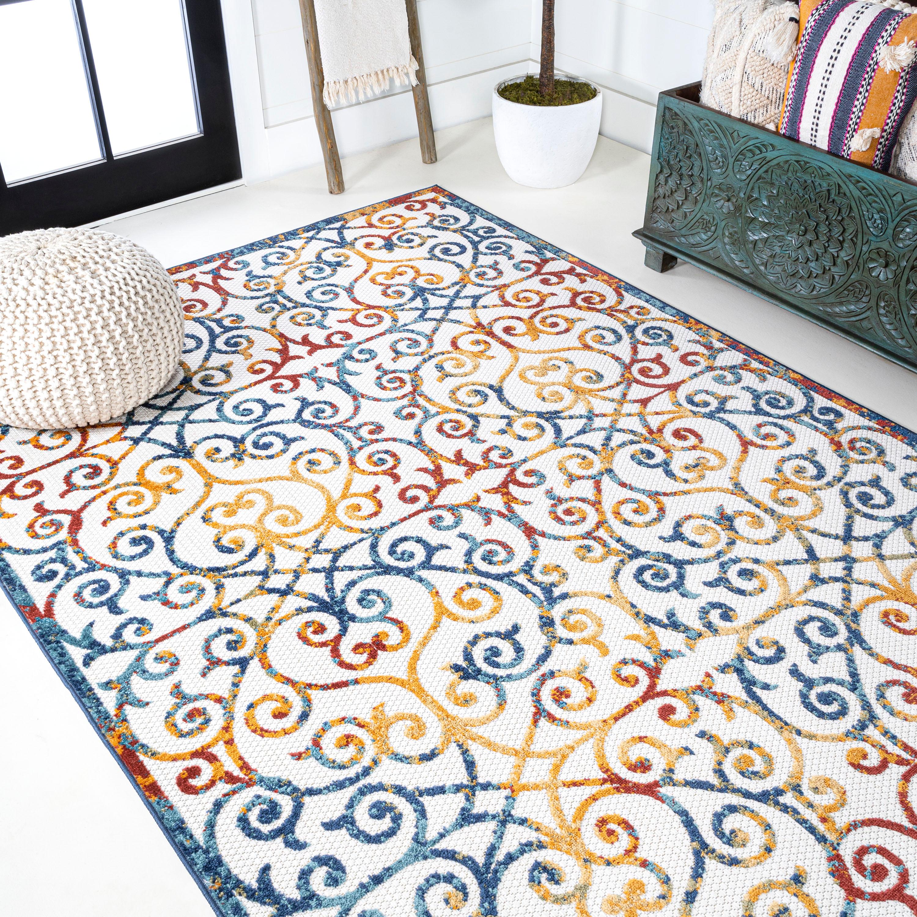 3'x5' Atrani Scroll Trellis Indoor/Outdoor Area Rug, Cream/Blue/Red - JONATHAN Y
