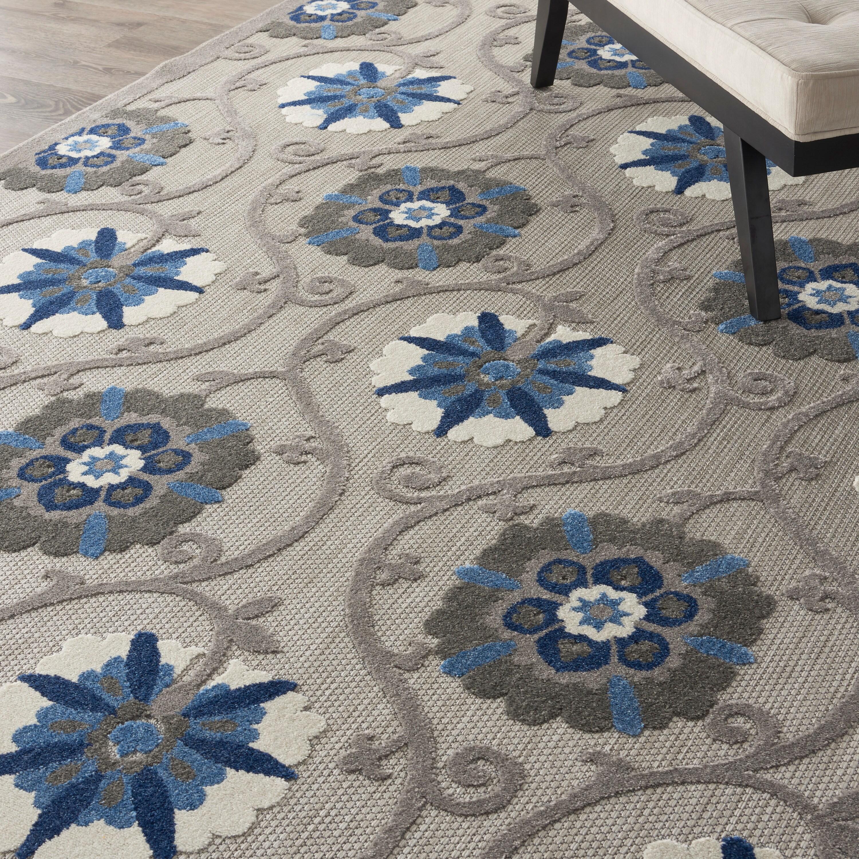 Nourison Aloha Contemporary Floral Flatweave High-Low Indoor Outdoor Area Rug Grey/Blue 7'10" x 10'6"