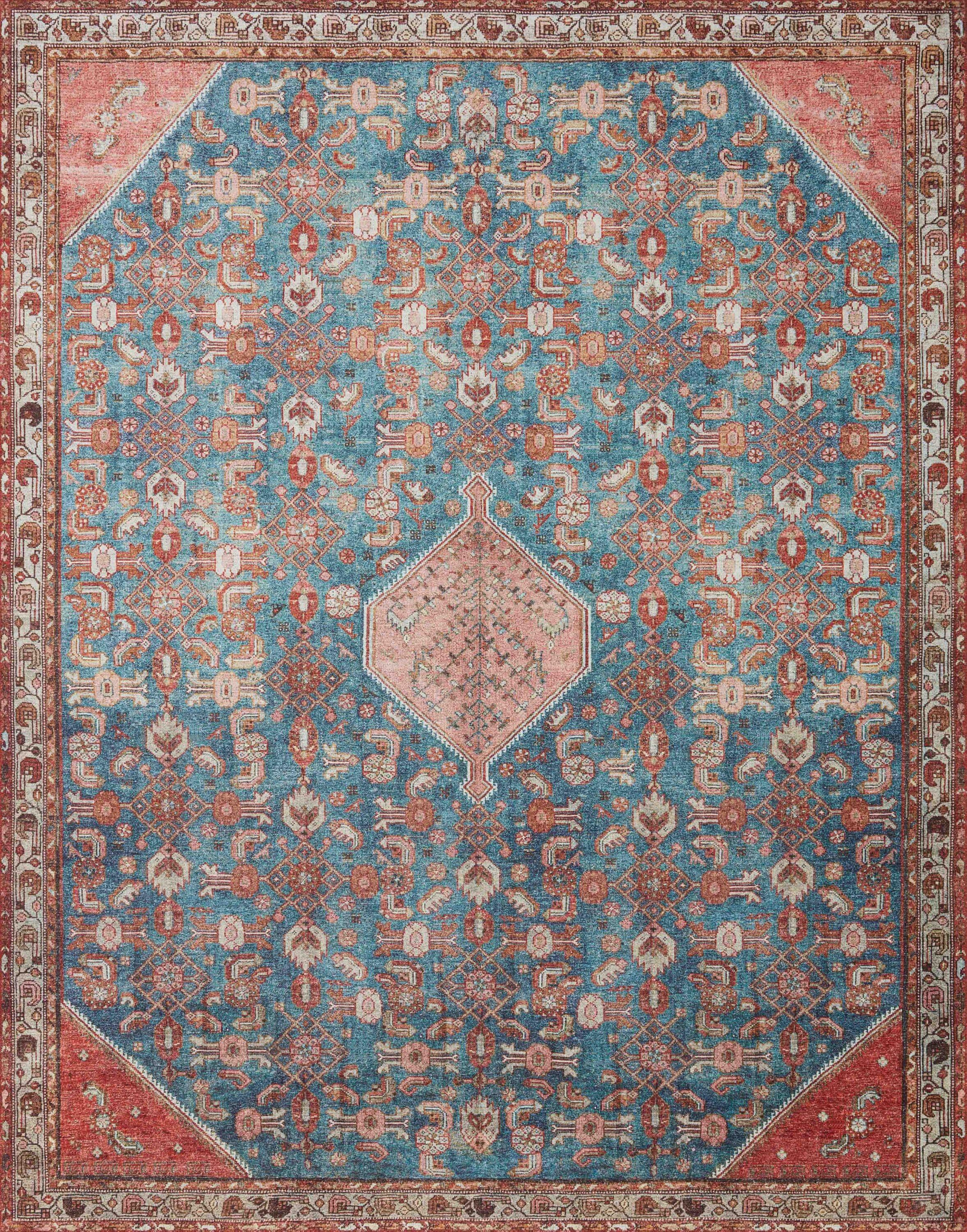 Blue and Clay Vintage Distressed Polyester Accent Rug