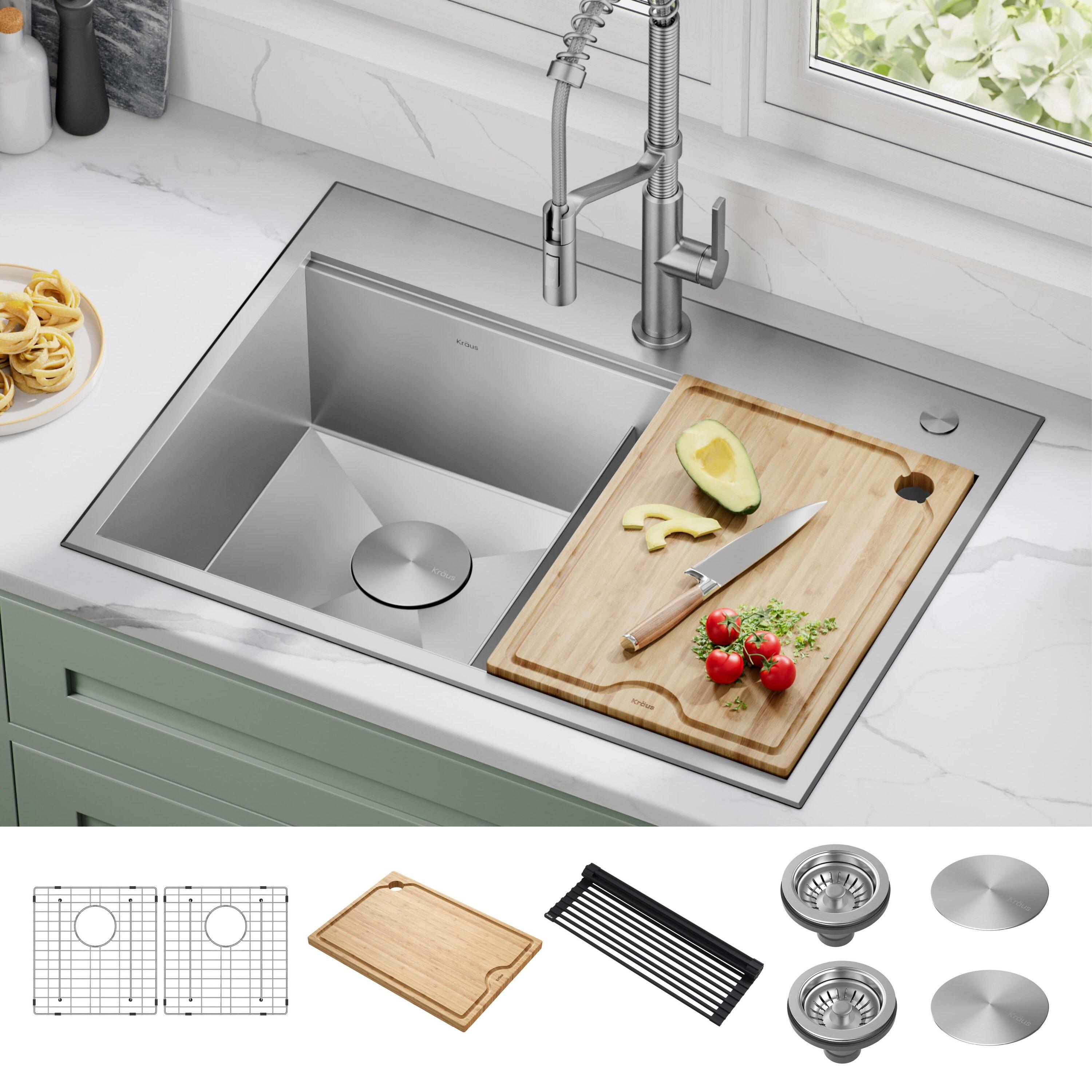 KRAUS Kore™ 30" L Drop-In Workstation 16 Gauge Stainless Steel Double Bowl Kitchen Sink with Accessories