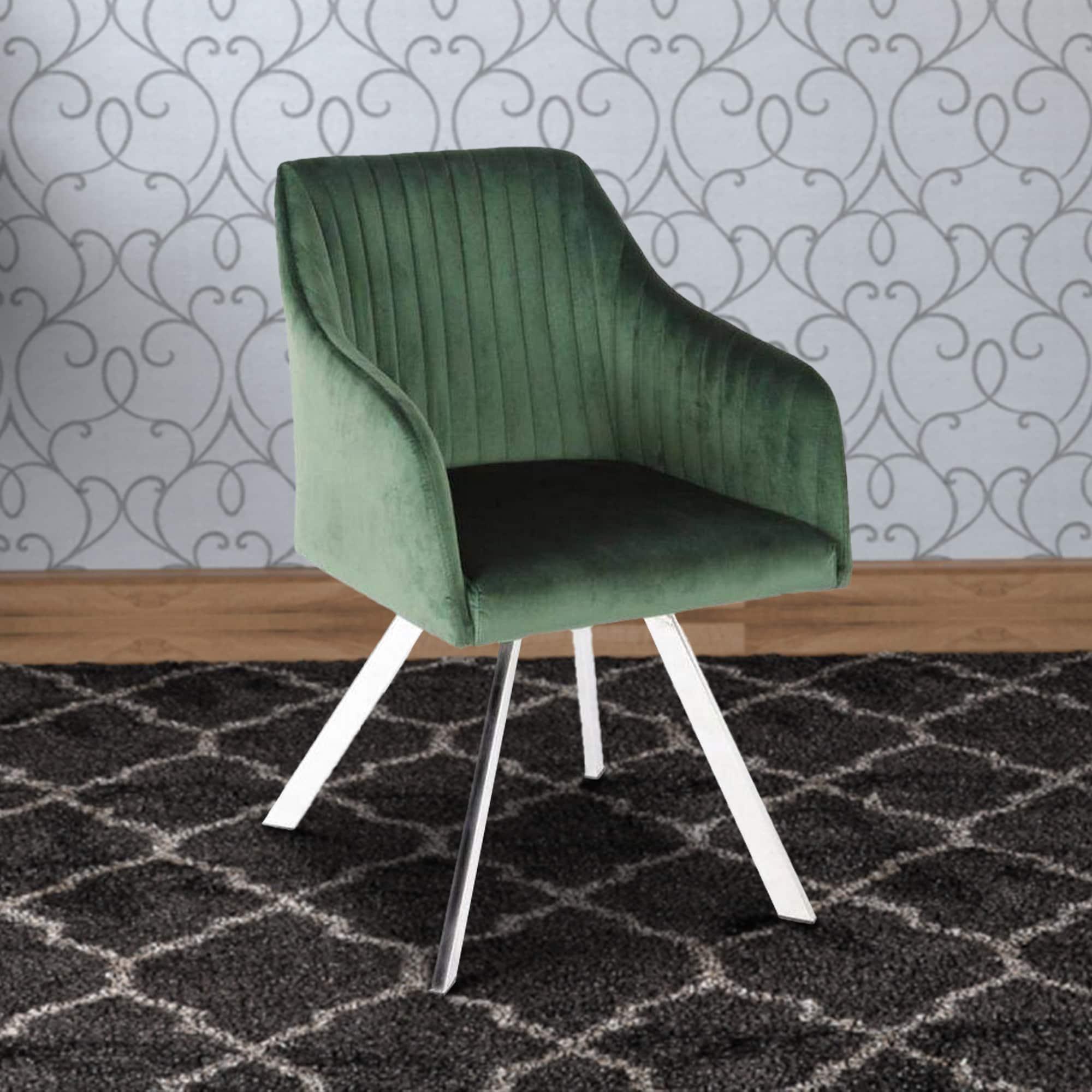 Benjara Metal Swivel Dining Chair with Channel Tufted Seat, Green