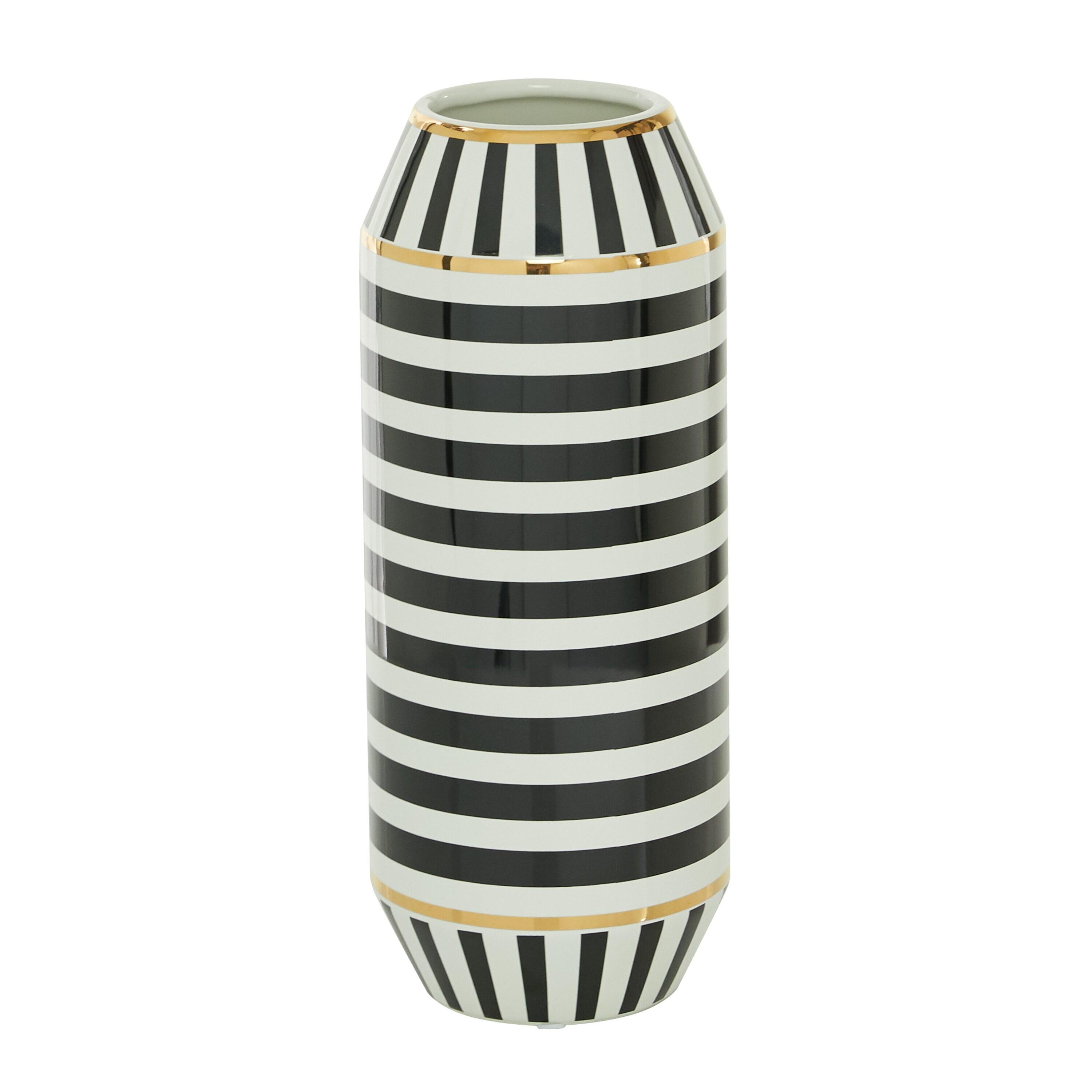 DecMode 16" Striped Black Ceramic Vase with Gold Accents