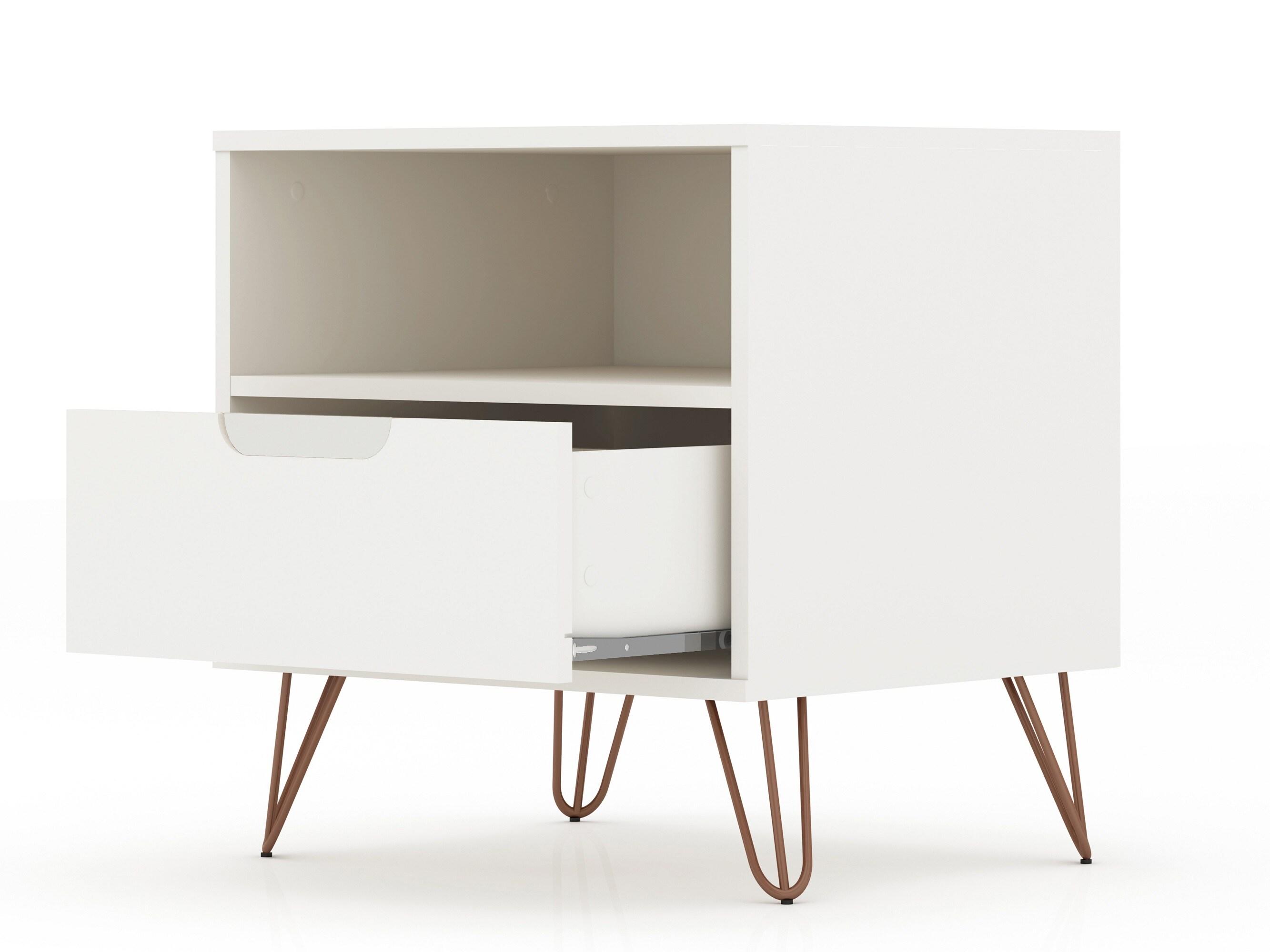 Set of 2 Rockefeller 1 Drawer Nightstands Off White - Manhattan Comfort: Mid-century Design, Metal Legs, Concealed Storage