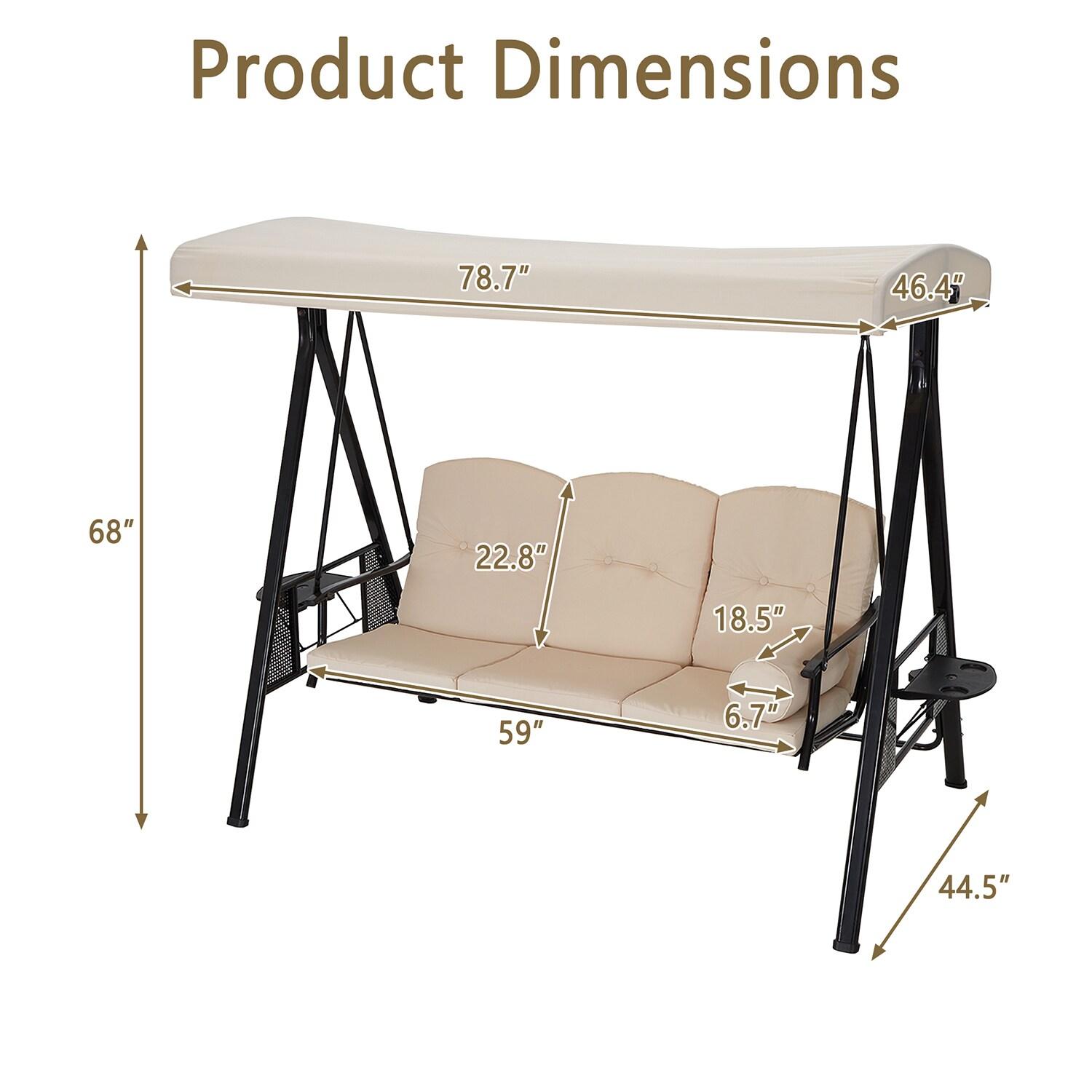Outsunny 3-Seat Outdoor Patio Swing with Adjustable Tilt Canopy, Cushions, Pillow, Steel Frame, Side Tray, Cup Holder, Beige