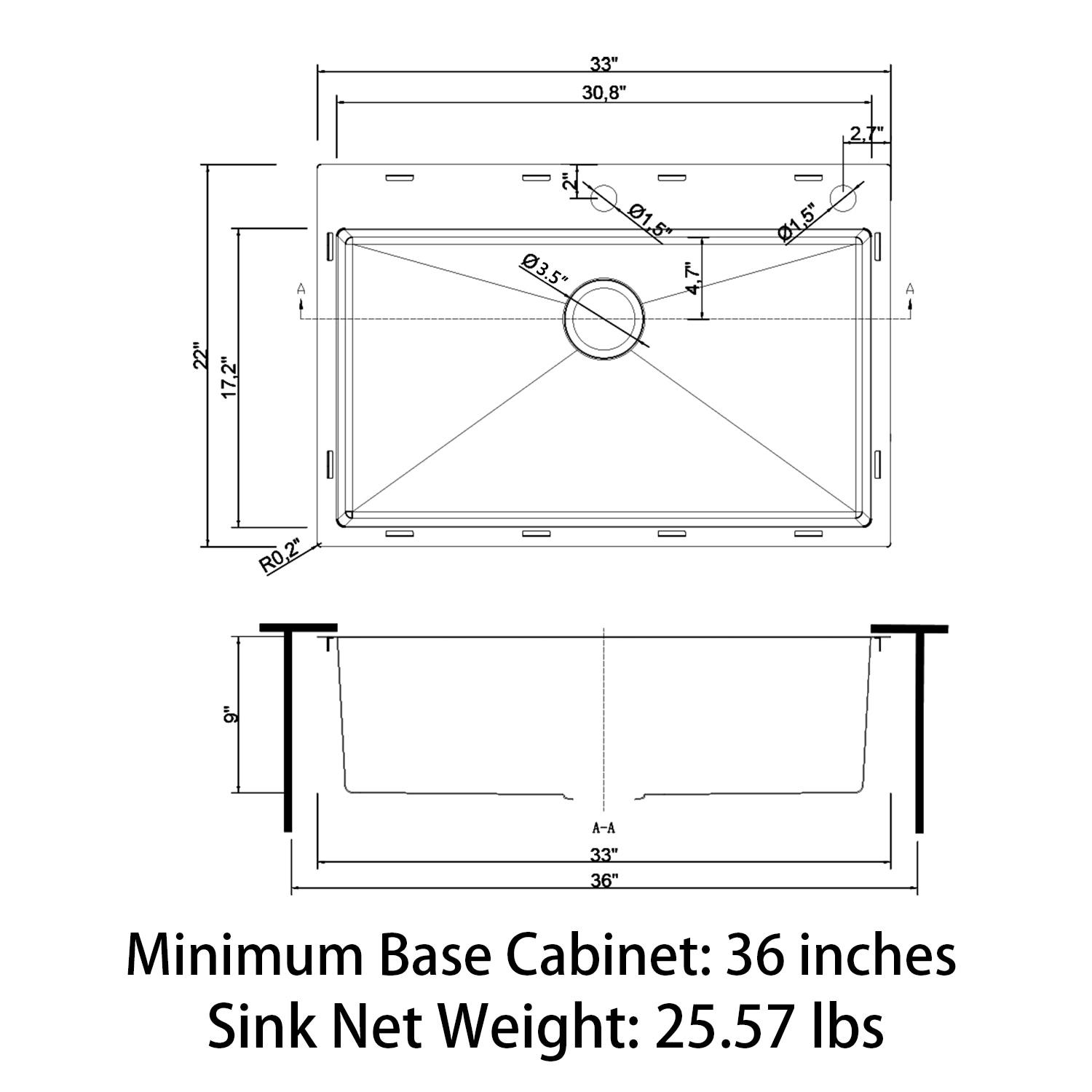 Sinber 33" x 22" Drop In Single Bowl Kitchen Sink with 18 Gauge 304 Stainless Steel Finish