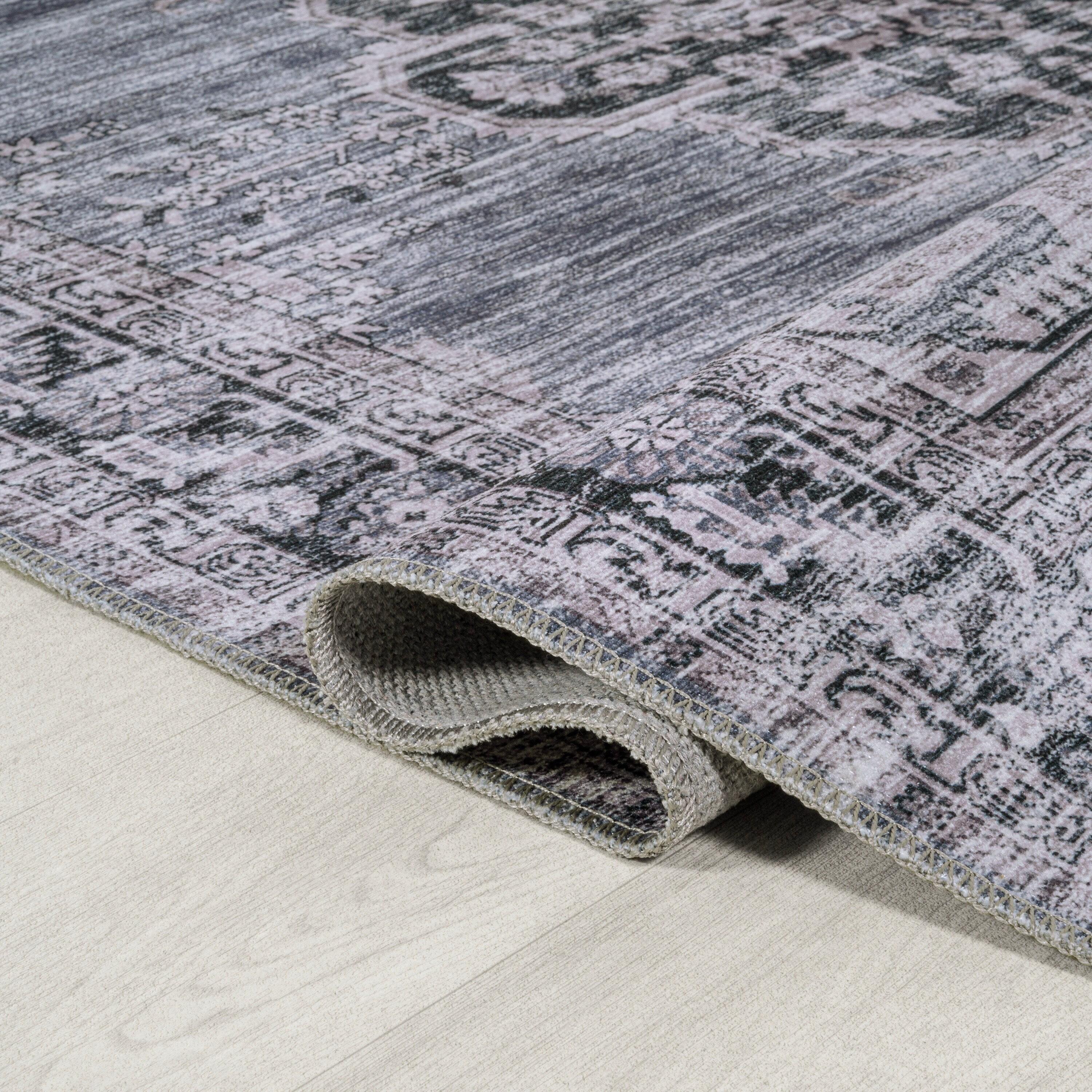 Wincer Chenille Cottage Medallion Machine-Washable Navy/Gray/Black 3 ft. x 5 ft. Area Rug - JONATHAN Y