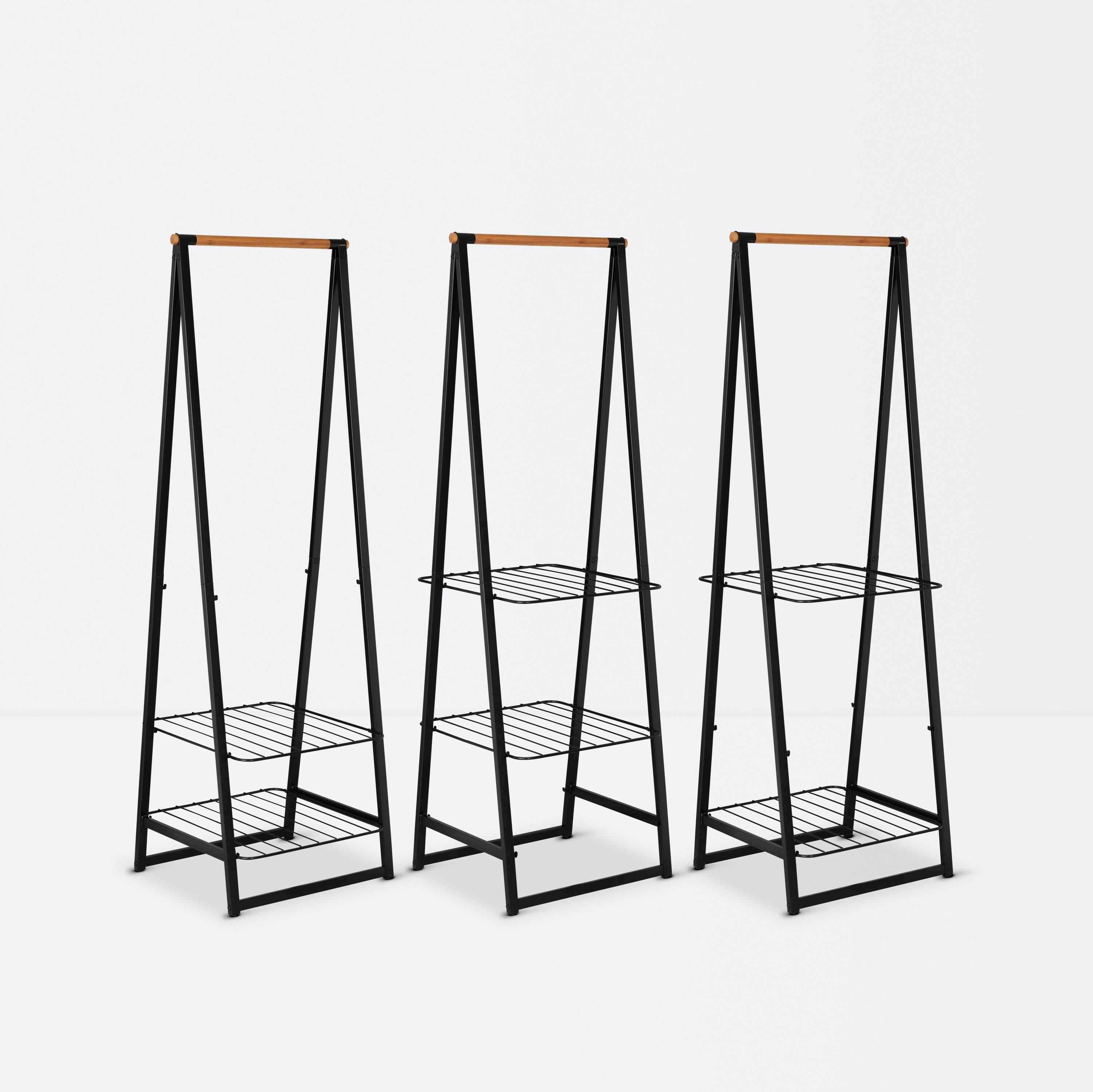 Black Steel and Bamboo Freestanding Garment Rack with Adjustable Shelves