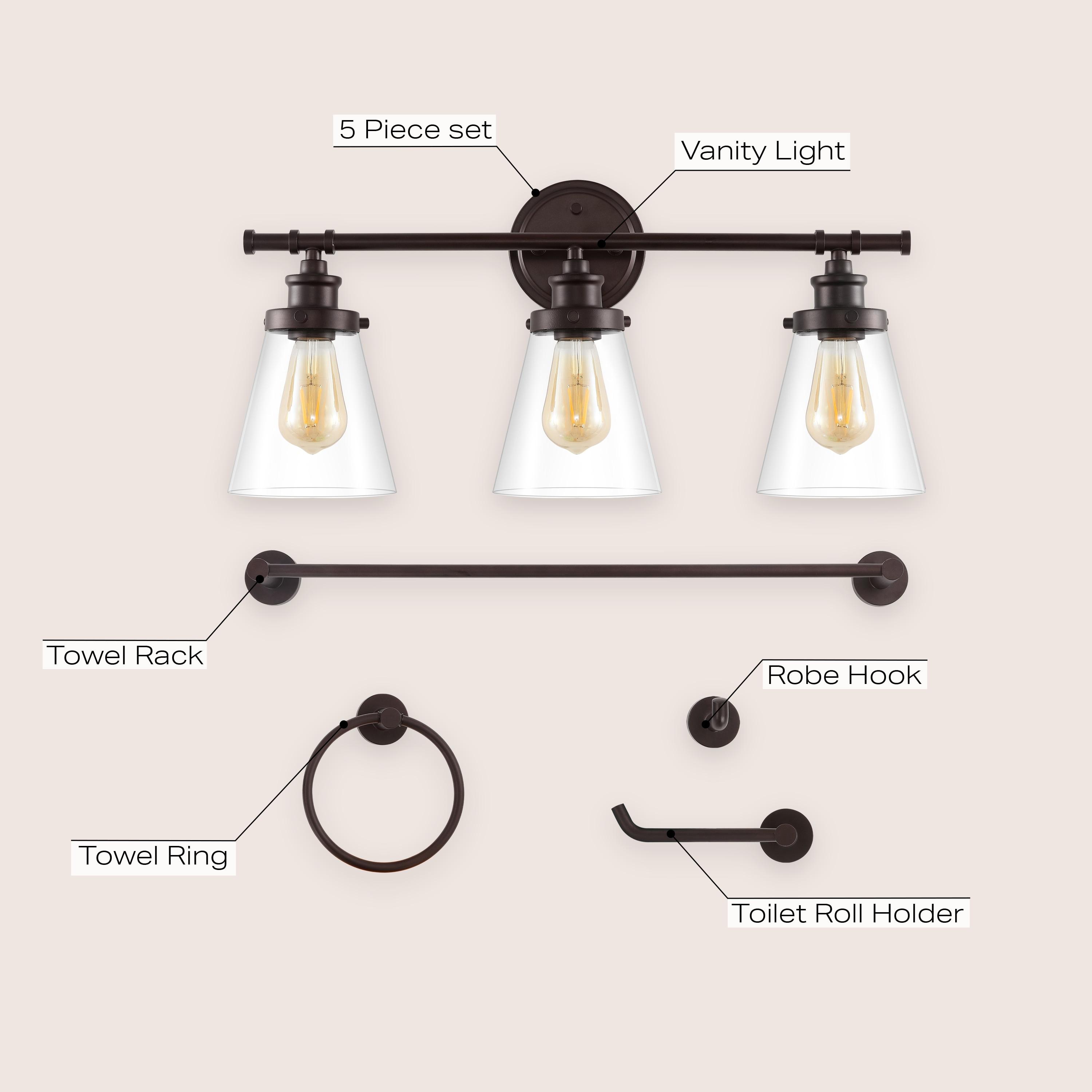 Hollis 23.75" 3-Light Traditional Farmhouse Vanity Light with Bathroom Hardware Accessory Set, Oil Rubbed Bronze (5-Piece)