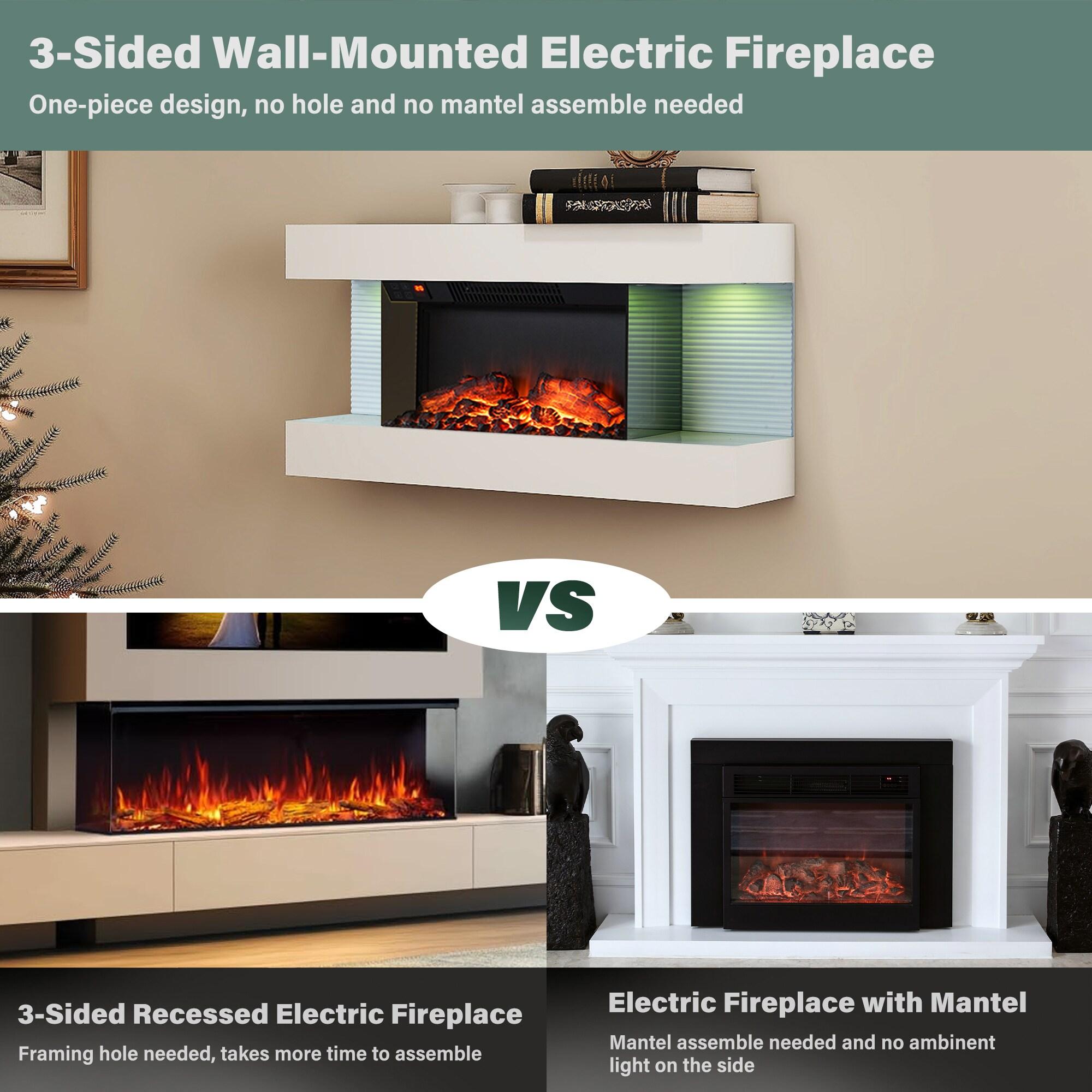 32" White Metal Wall Mounted Electric Fireplace with Remote Control