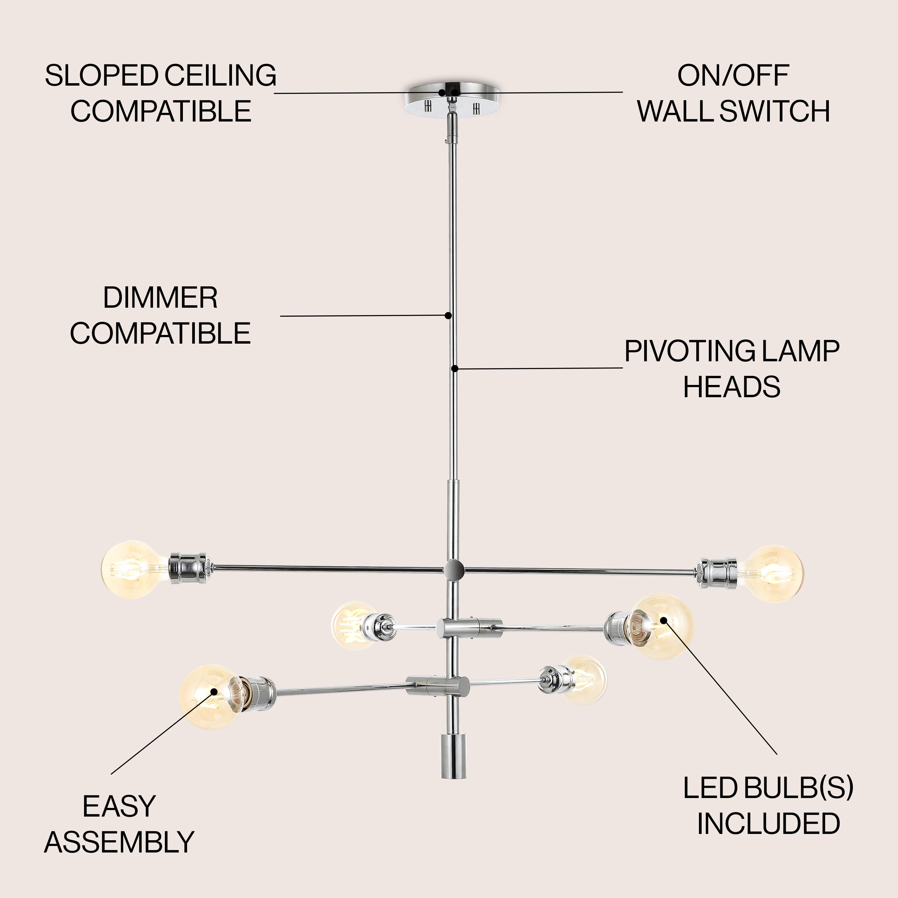 Atlas 36" 6-Light Modern Vintage Iron Arm-Adjustable LED Chandelier, Chrome