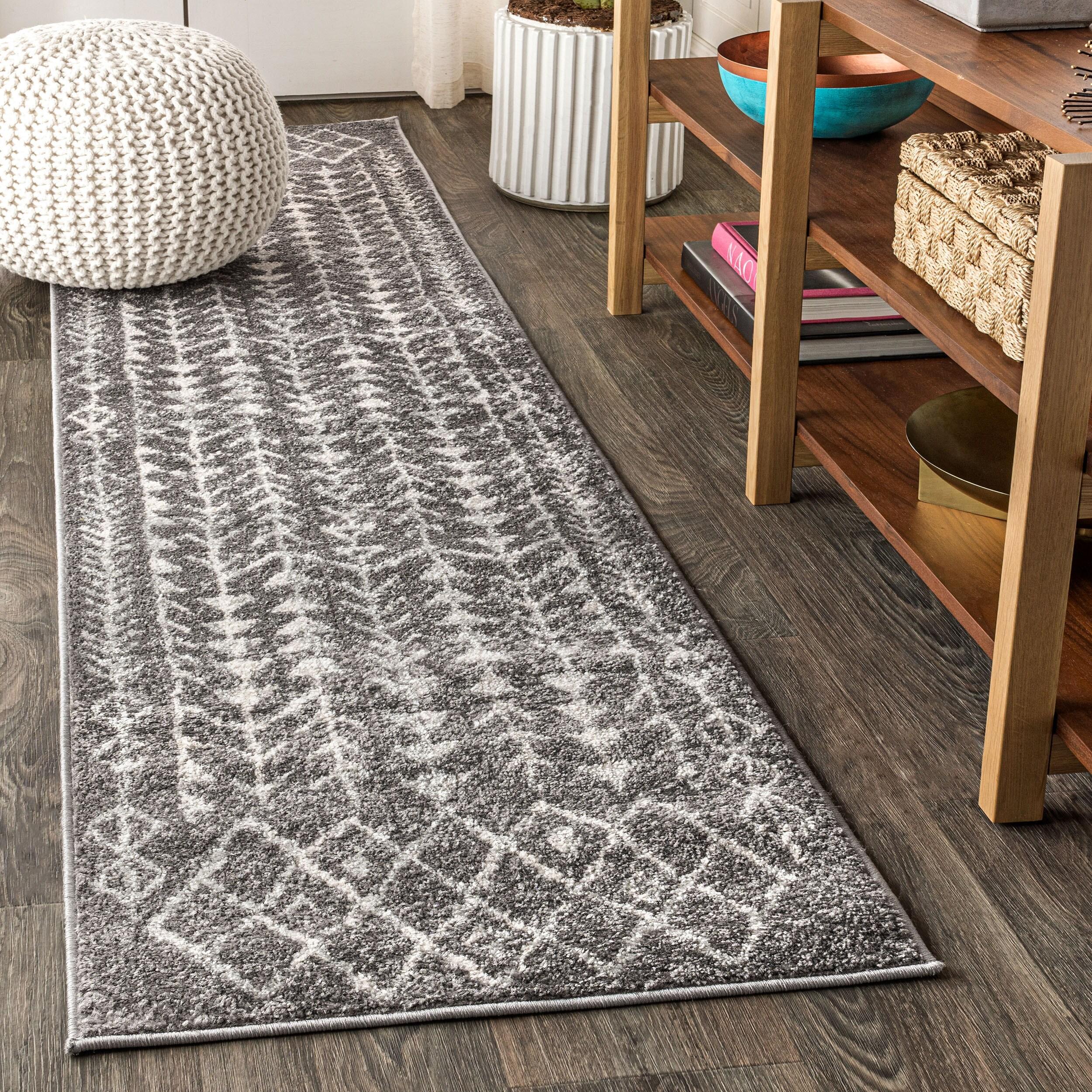 2'x8' Ziri Moroccan Geometric Runner Rug, Grey/Cream - JONATHAN Y