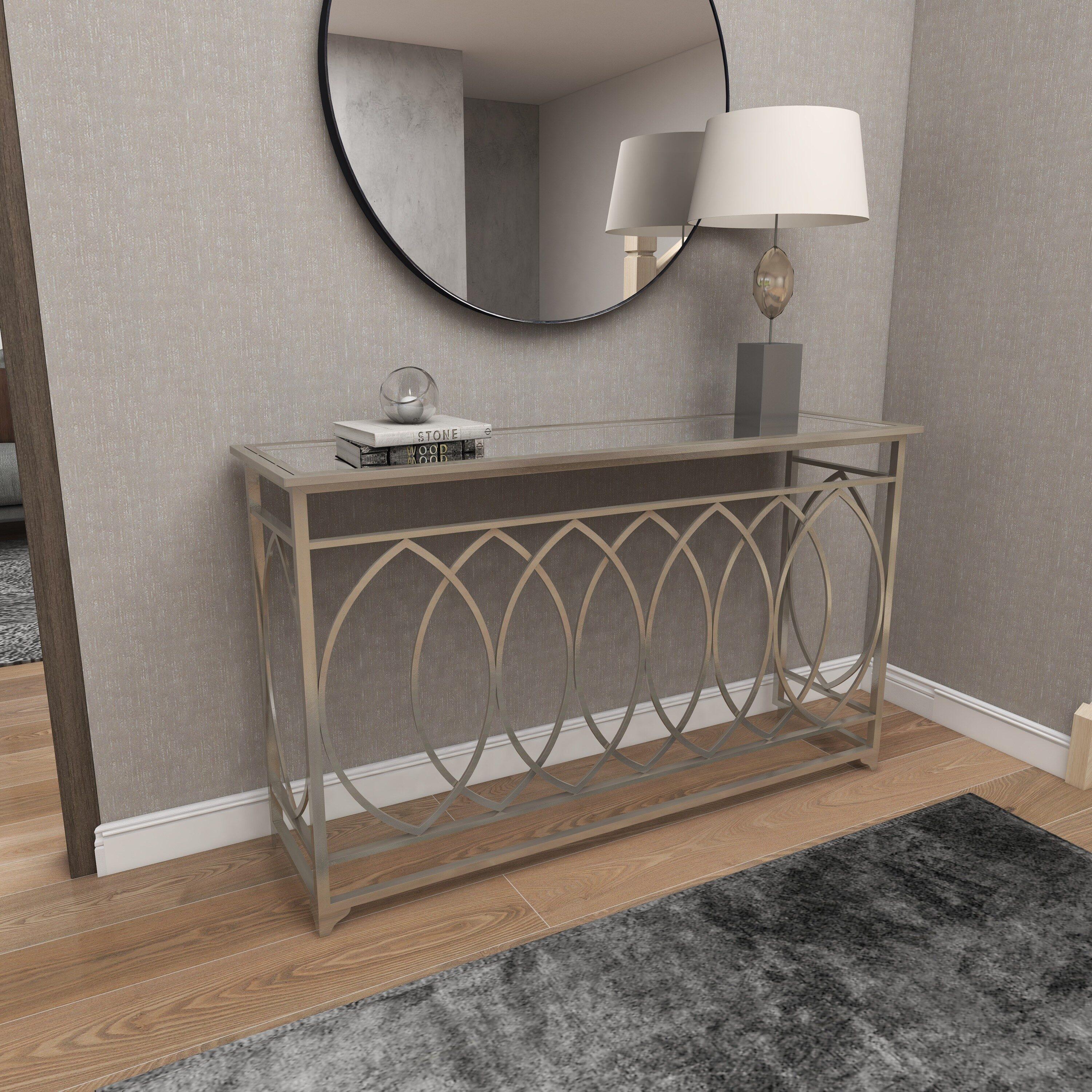 Metal Geometric Living Room Console Table with Mirrored Glass Top