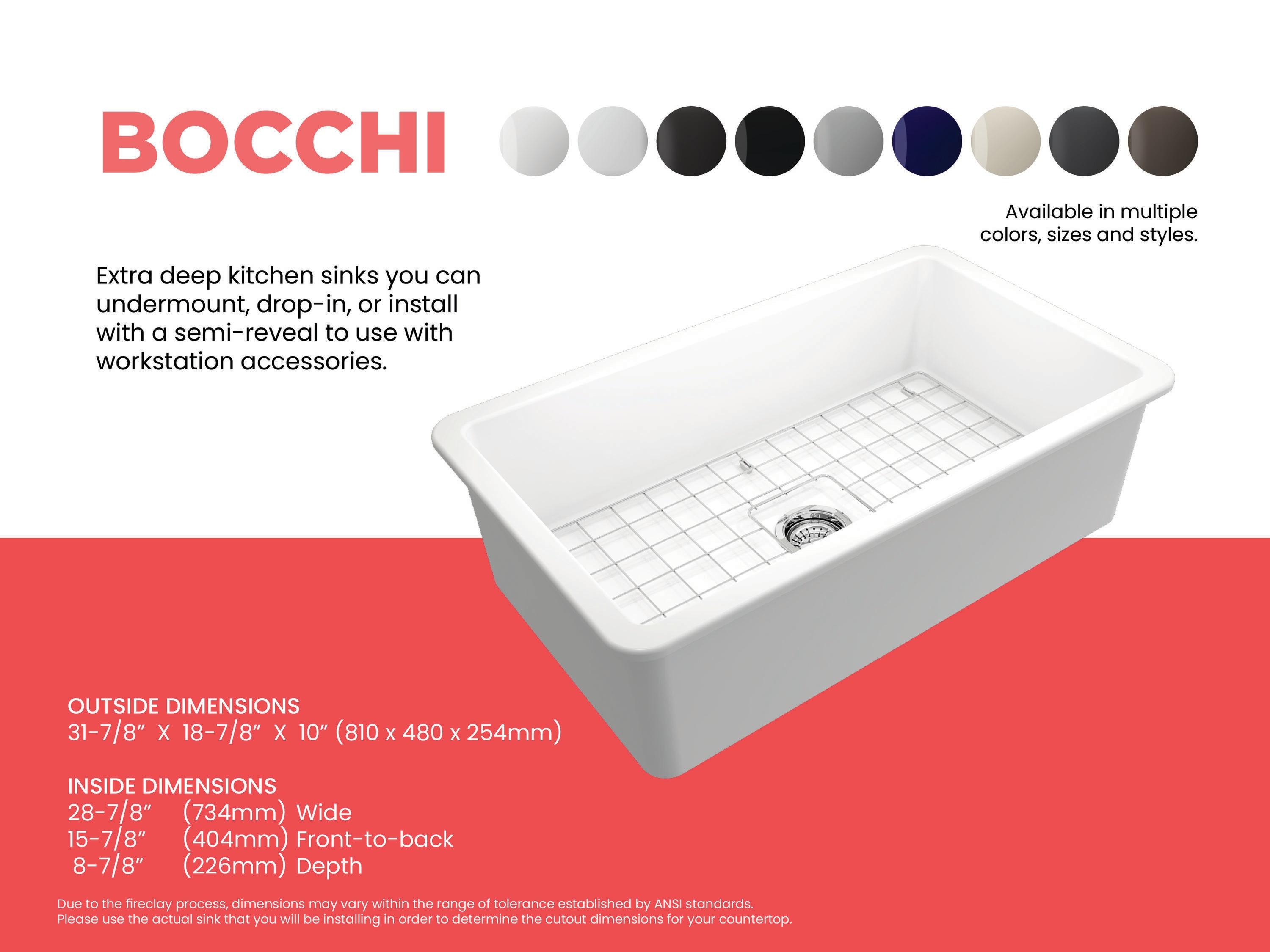 BOCCHI Sotto Undermount Fireclay 32 in. Single Bowl Kitchen Sink with Protective Bottom Grid and Strainer in Matte White