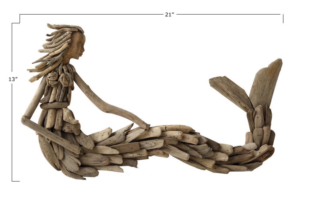 Storied Home Driftwood Sitting Mermaid Wall Decoration - Hardwood Sculpture, Nautical Decor, 13" Height