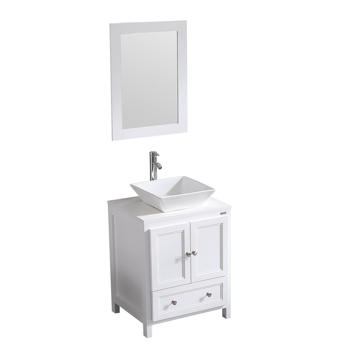 24 Inch Bathroom Vanity with Sink, Single Sink Bathroom Vanity, Modern Small Bathroom Vanity Cabinet with Mirror Sink Drain Faucet Set, White
